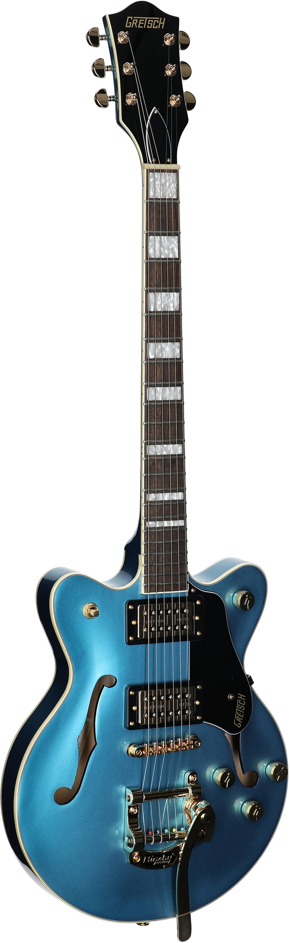 Gretsch G2655T Streamliner Center Block Junior Electric Guitar with Bigsby Tremolo, Riviera Blue, Body Left Front