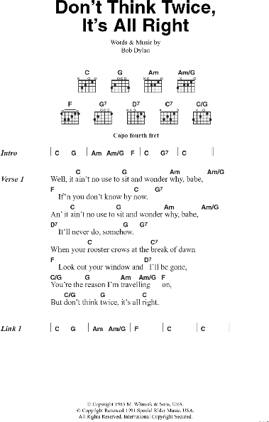 Don't Think Twice, It's All Right sheet music for guitar (tablature)