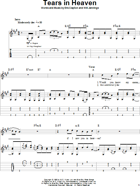 Tears In Heaven sheet music (easy) for guitar solo (easy tablature)