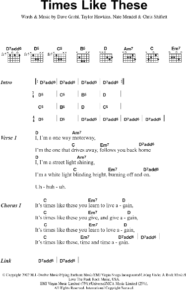 Times Like These Sheet Music, Foo Fighters