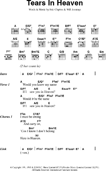 Eric Clapton Tears in Heaven Sheet Music in A Major