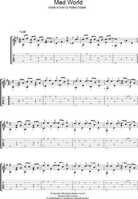 Mad World sheet music for guitar (tablature) (PDF)