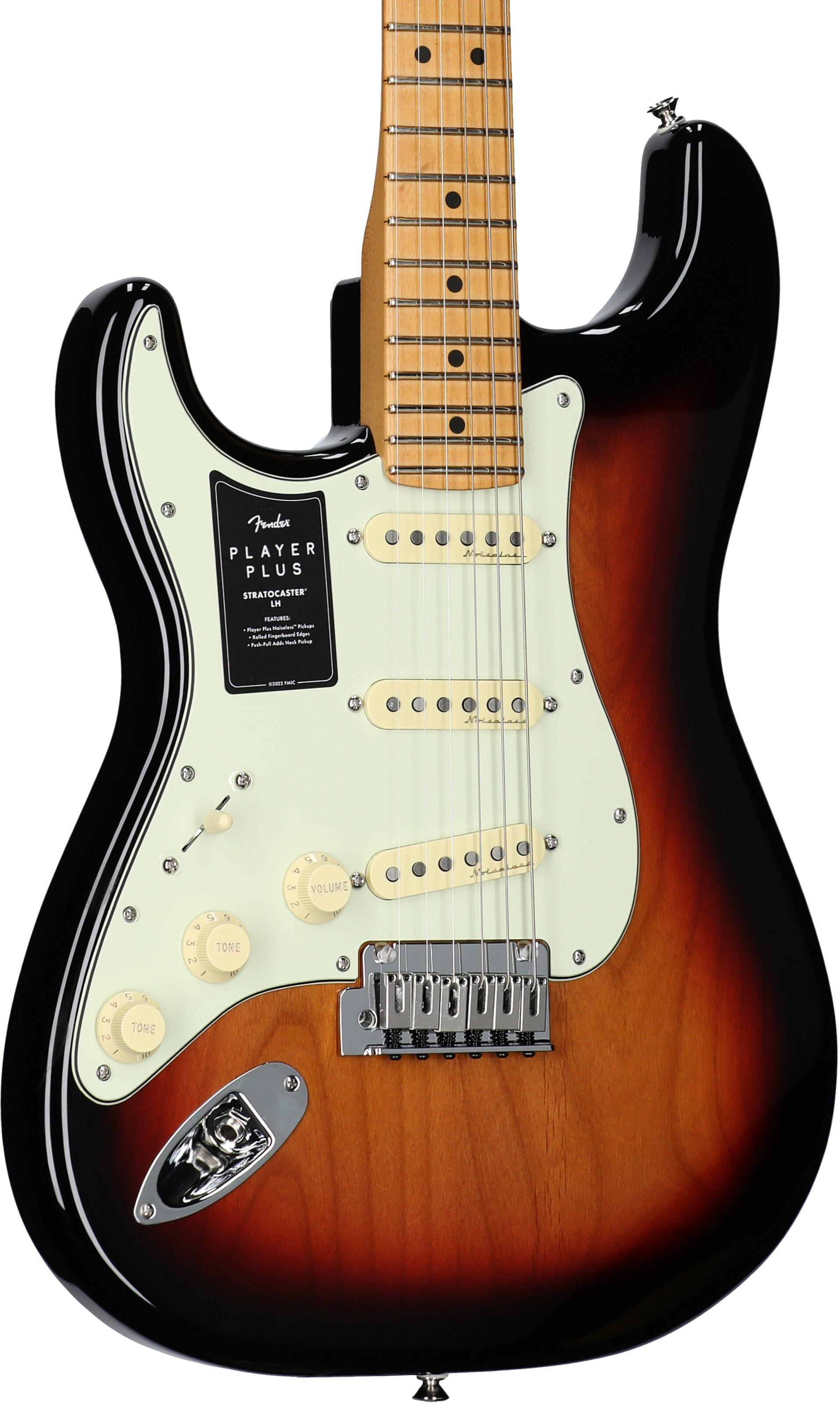 Fender Player Plus Stratocaster Electric Guitar, Left Handed (with Gig Bag), 3-Color Sunburst, Full Left Front