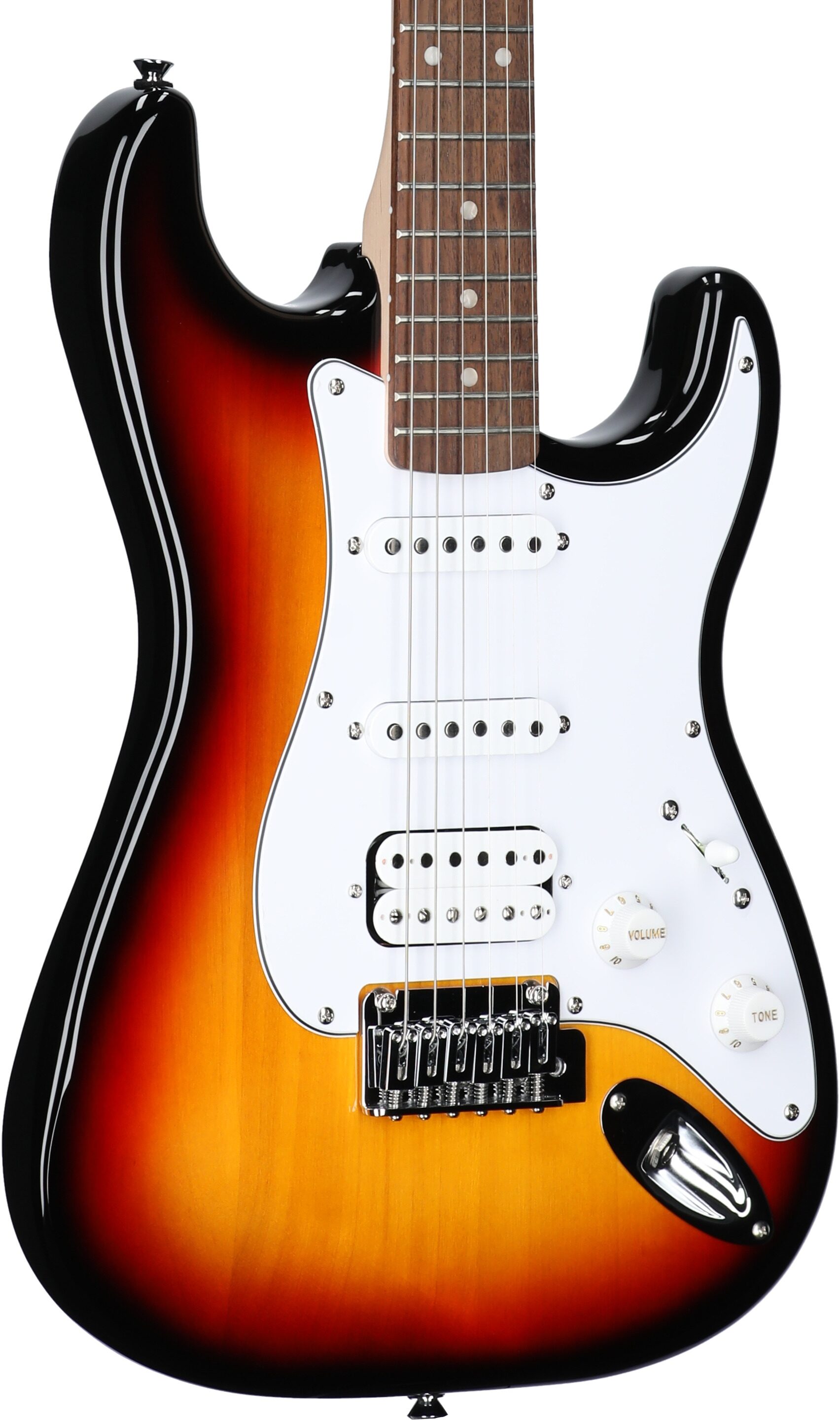Squier Affinity Stratocaster Junior HSS Electric Guitar, Laurel Fingerboard, 3-Color Sunburst, Full Left Front