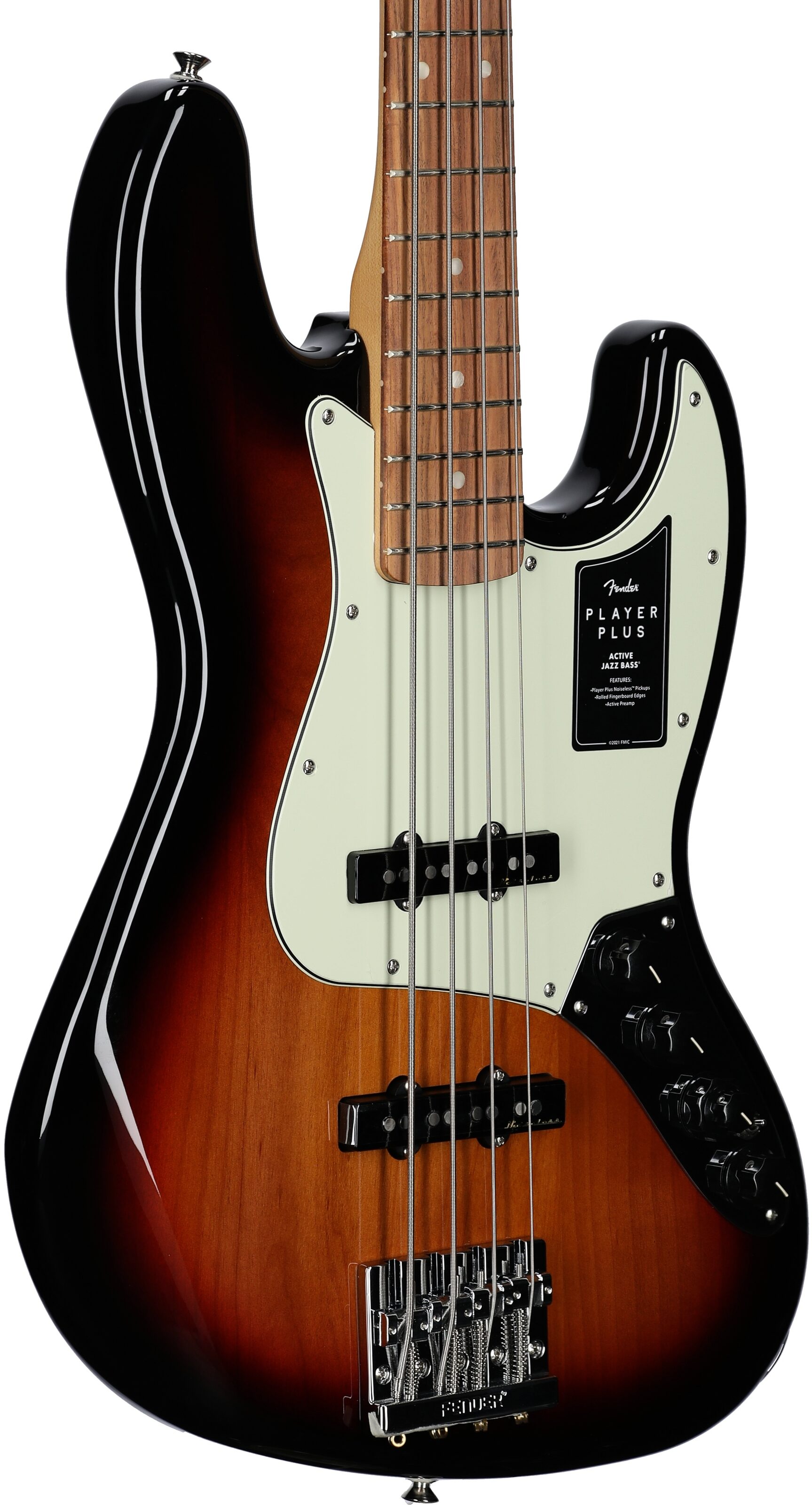 Fender Player Plus Jazz Electric Bass, Pau Ferro Fingerboard (with Gig Bag), 3-Color Sunburst, USED, Scratch and Dent, Full Left Front