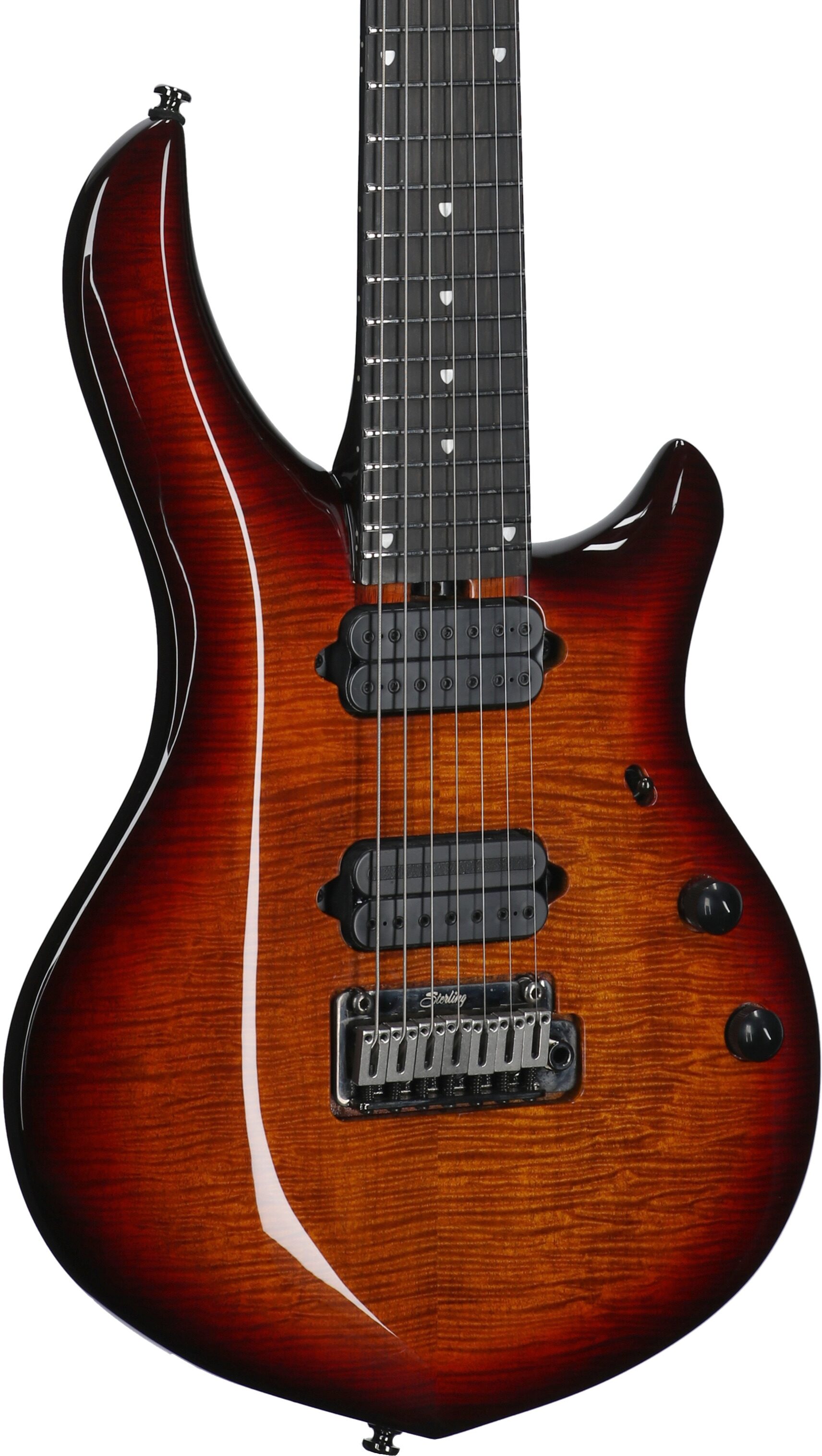 Sterling by Music Man MAJ270XFM Majesty 7 Electric Guitar, 7-String, Blood Orange Burst, Full Left Front