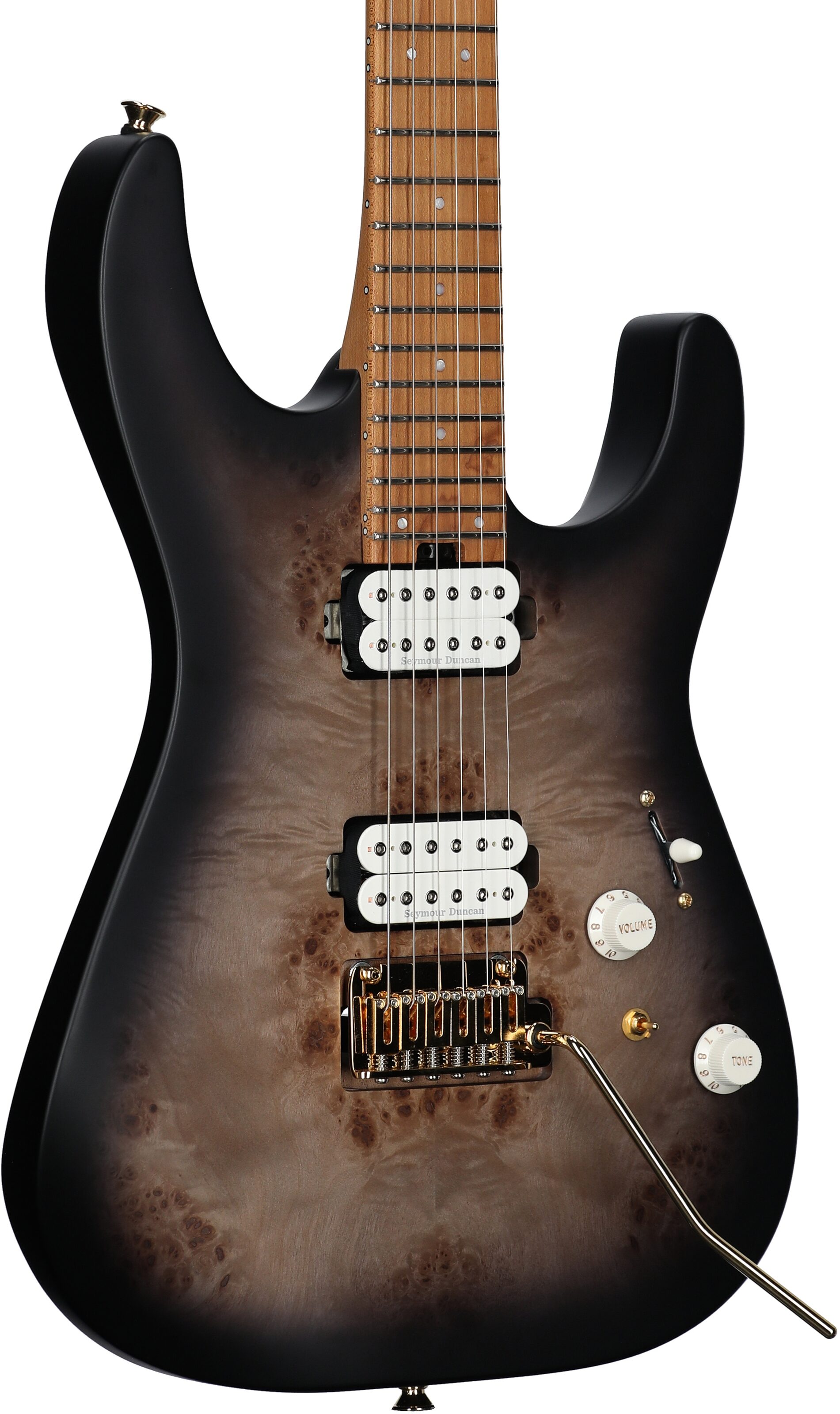 Charvel Pro-Mod DK24 HH 2PT CM Electric Guitar, with Maple Fingerboard, Transparent Black Burst, Full Left Front