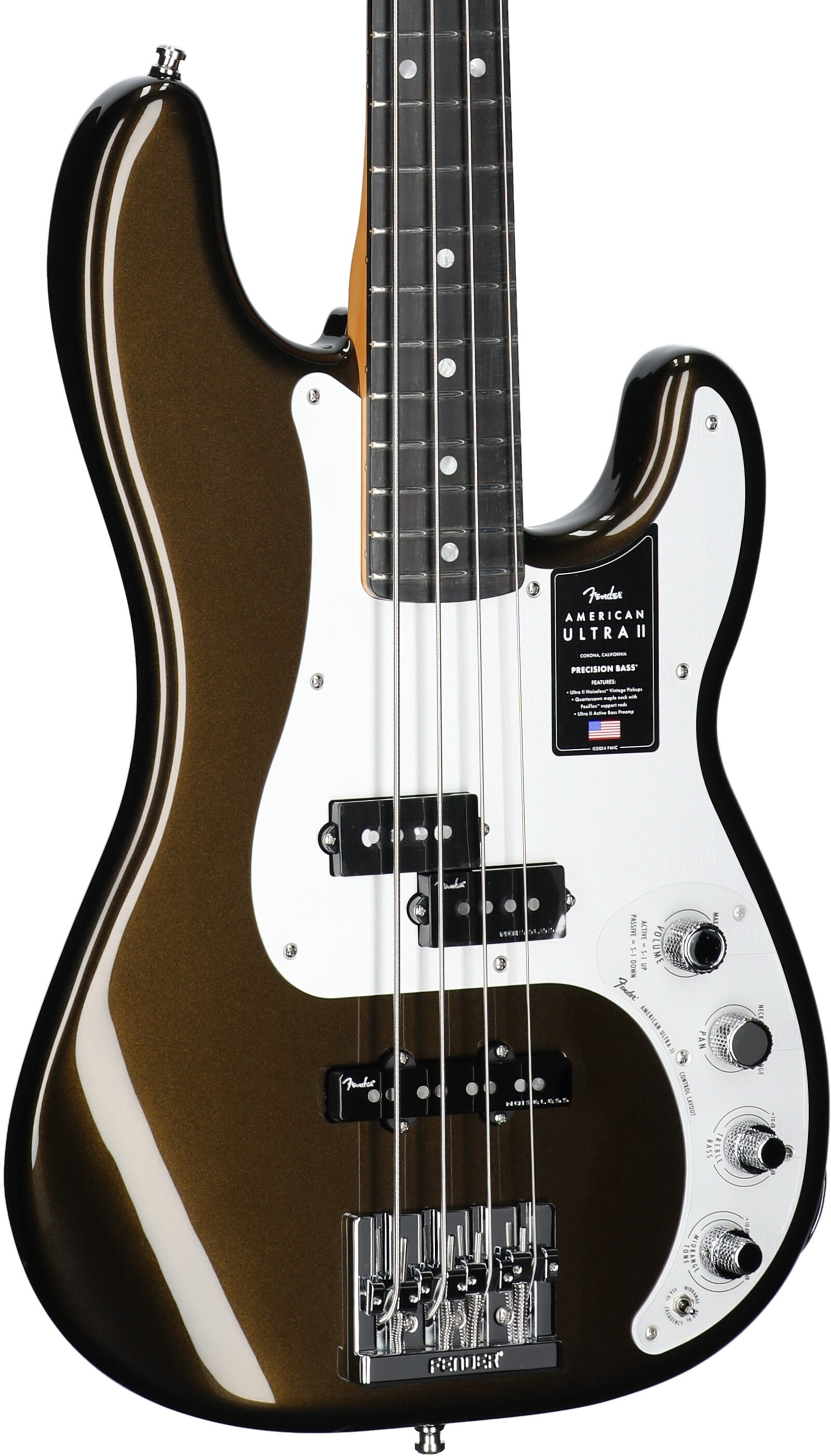 Fender American Ultra II Precision Electric Bass, Ebony Fingerboard (with Case), Texas Tea, Full Left Front