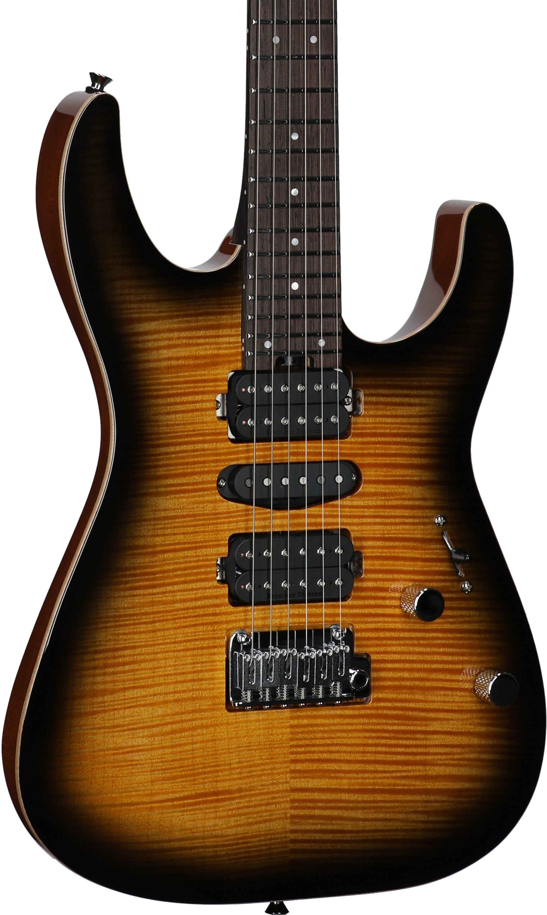 Charvel MJ DK24 HSH 2PT W Mahogany Electric Guitar (with Gig Bag), Flame Maple Antique Burst, Full Left Front