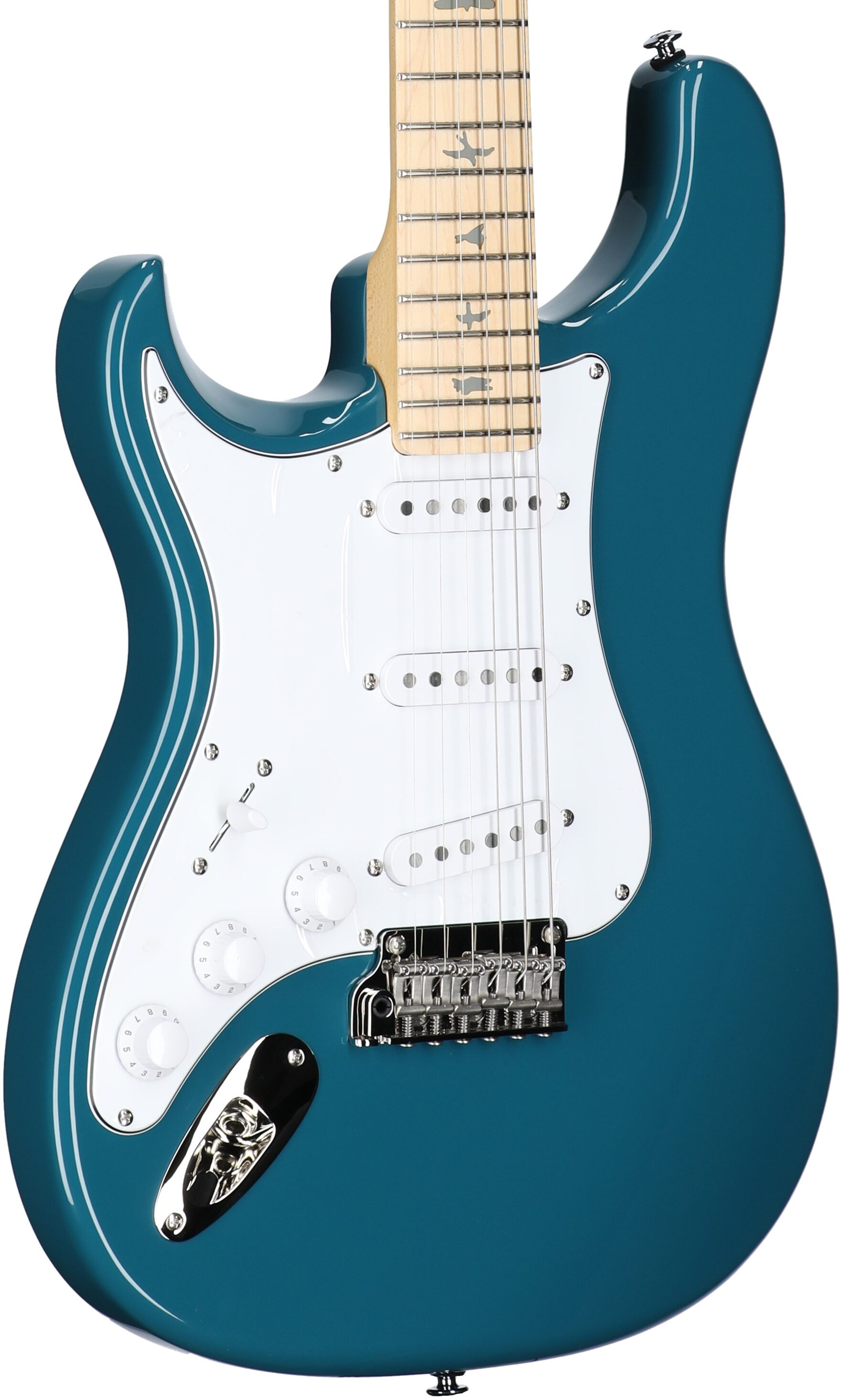 PRS Paul Reed Smith SE Silver Sky Electric Guitar, Left-Handed, Maple Fretboard (with Gig Bag), Nylon Blue, Full Left Front