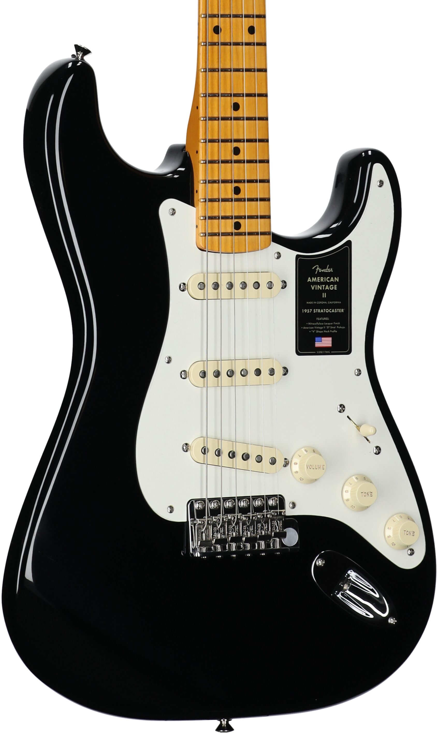 Fender American Vintage II 1957 Stratocaster Electric Guitar, with Maple Fingerboard (and Case), Black, Full Left Front
