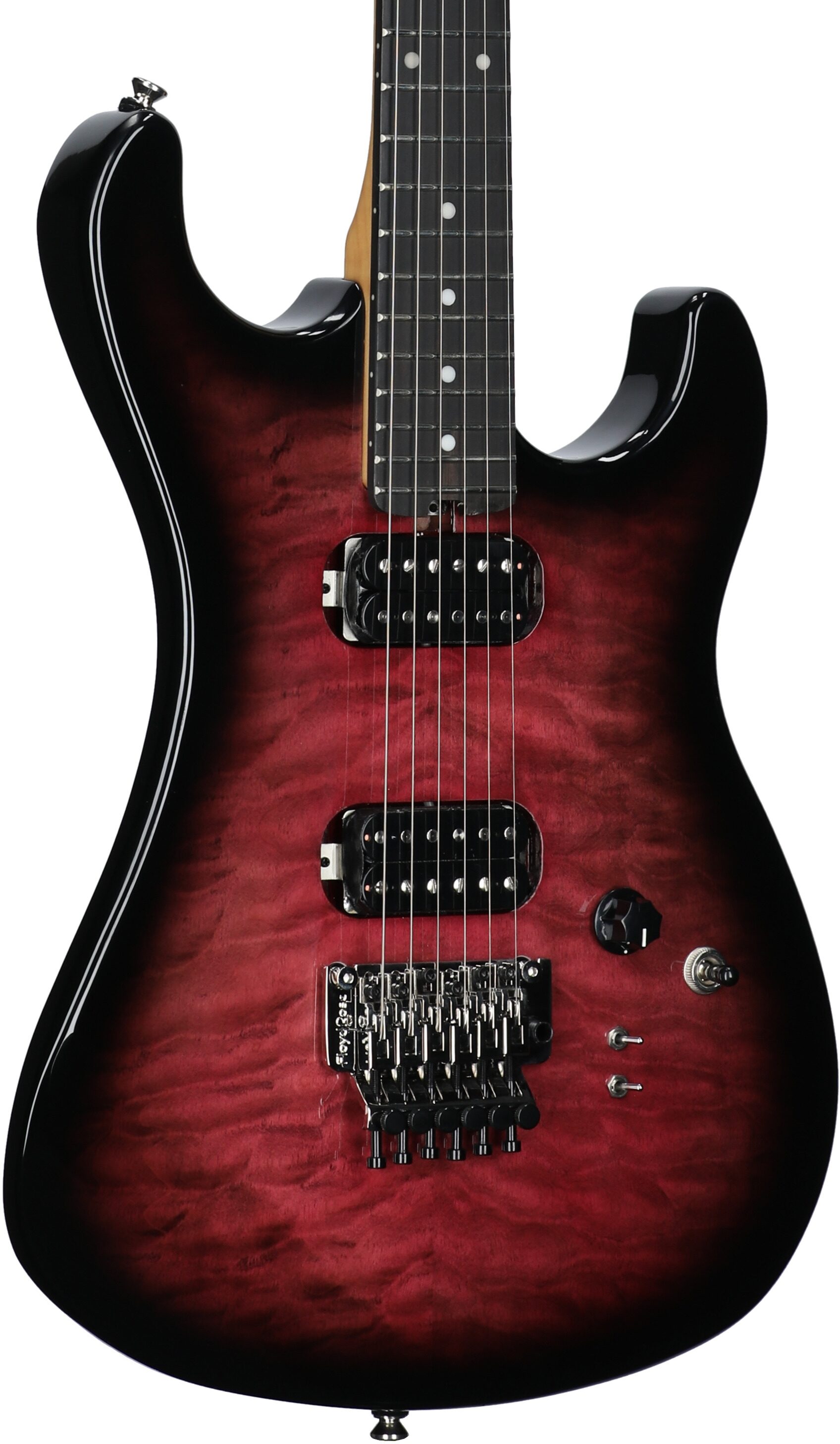 Kramer 84 HH FR Quilted Top Electric Guitar, Ebony Fingerboard (with Gig Bag), Magenta Burst, Full Left Front