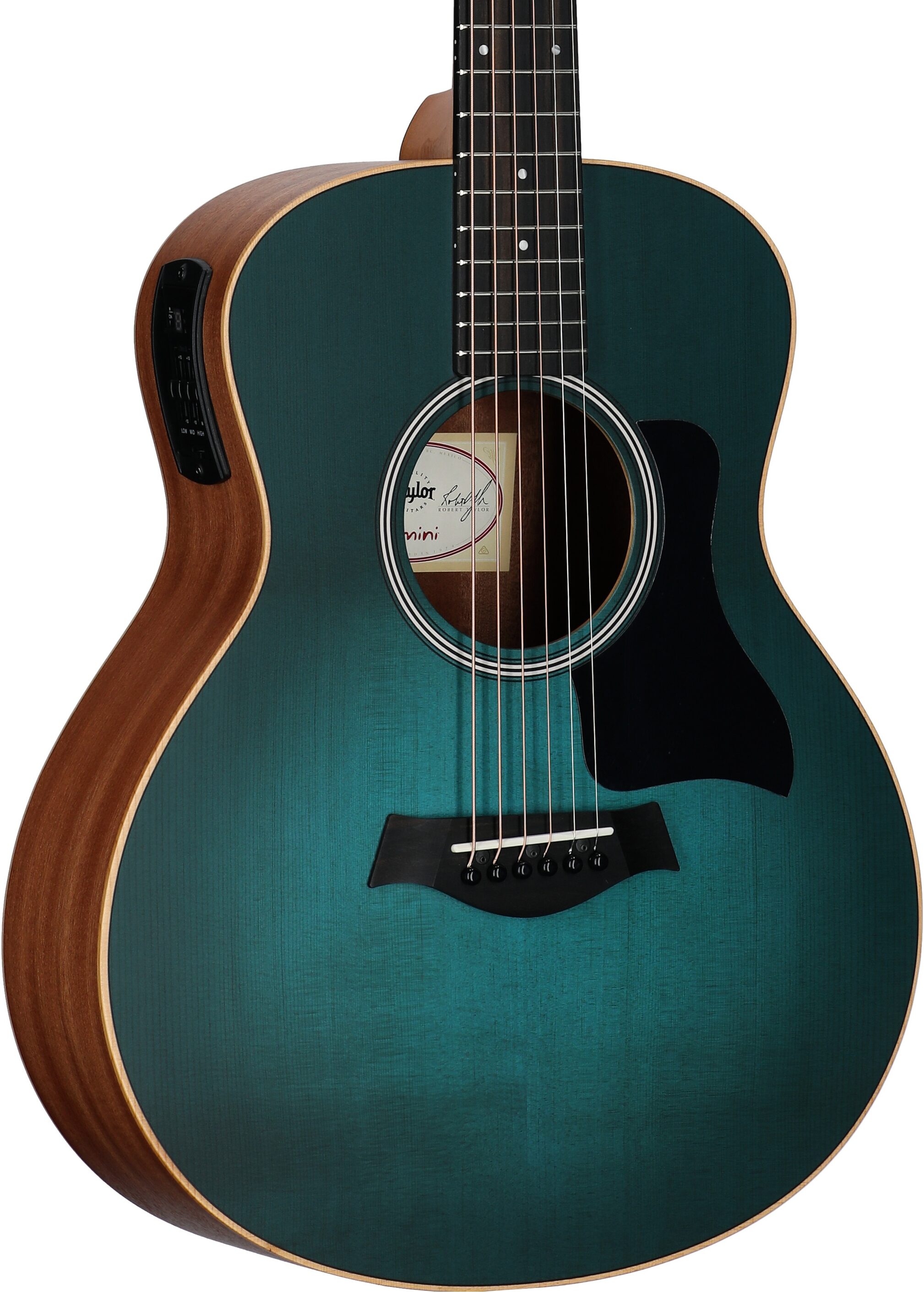 Taylor GS Mini-e Special Edition Mini Grand Symphony Acoustic-Electric Guitar (with Gig Bag), Blue Burst, Full Left Front