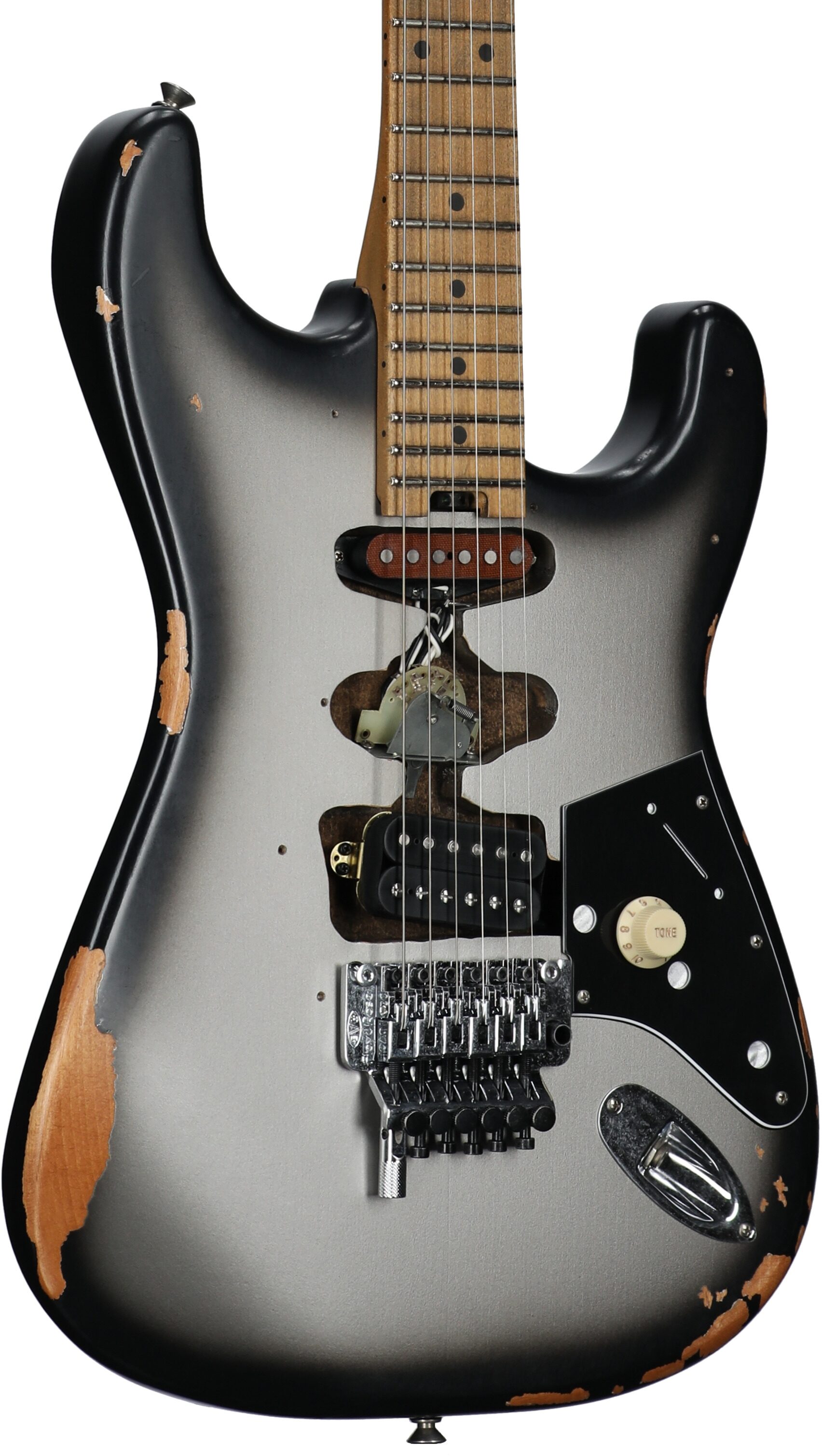 EVH Eddie Van Halen Frankenstein Relic Series Electric Guitar (with Gig Bag), Silverburst, Full Left Front