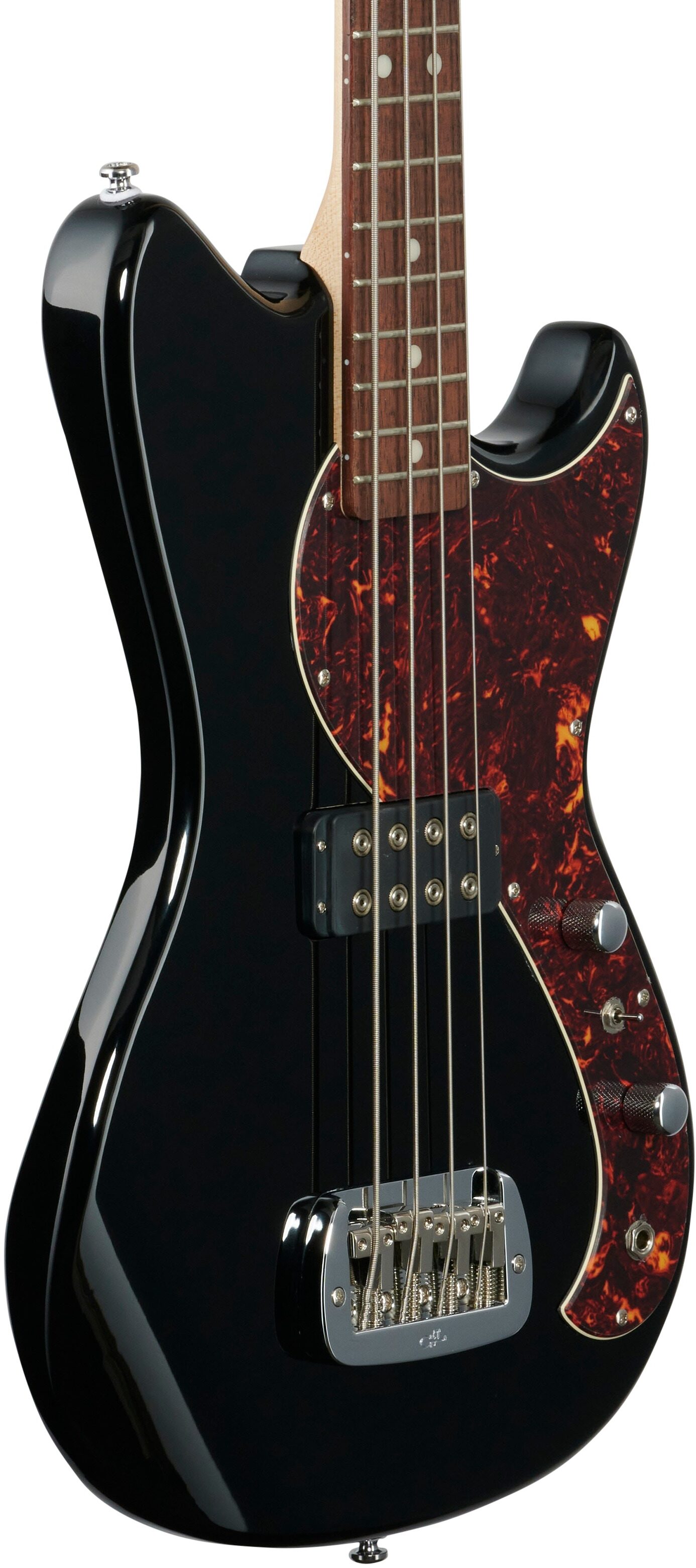 G&L Tribute Fallout Bass Guitar, Brazilian Cherry Fingerboard, Jet Black, Full Left Front