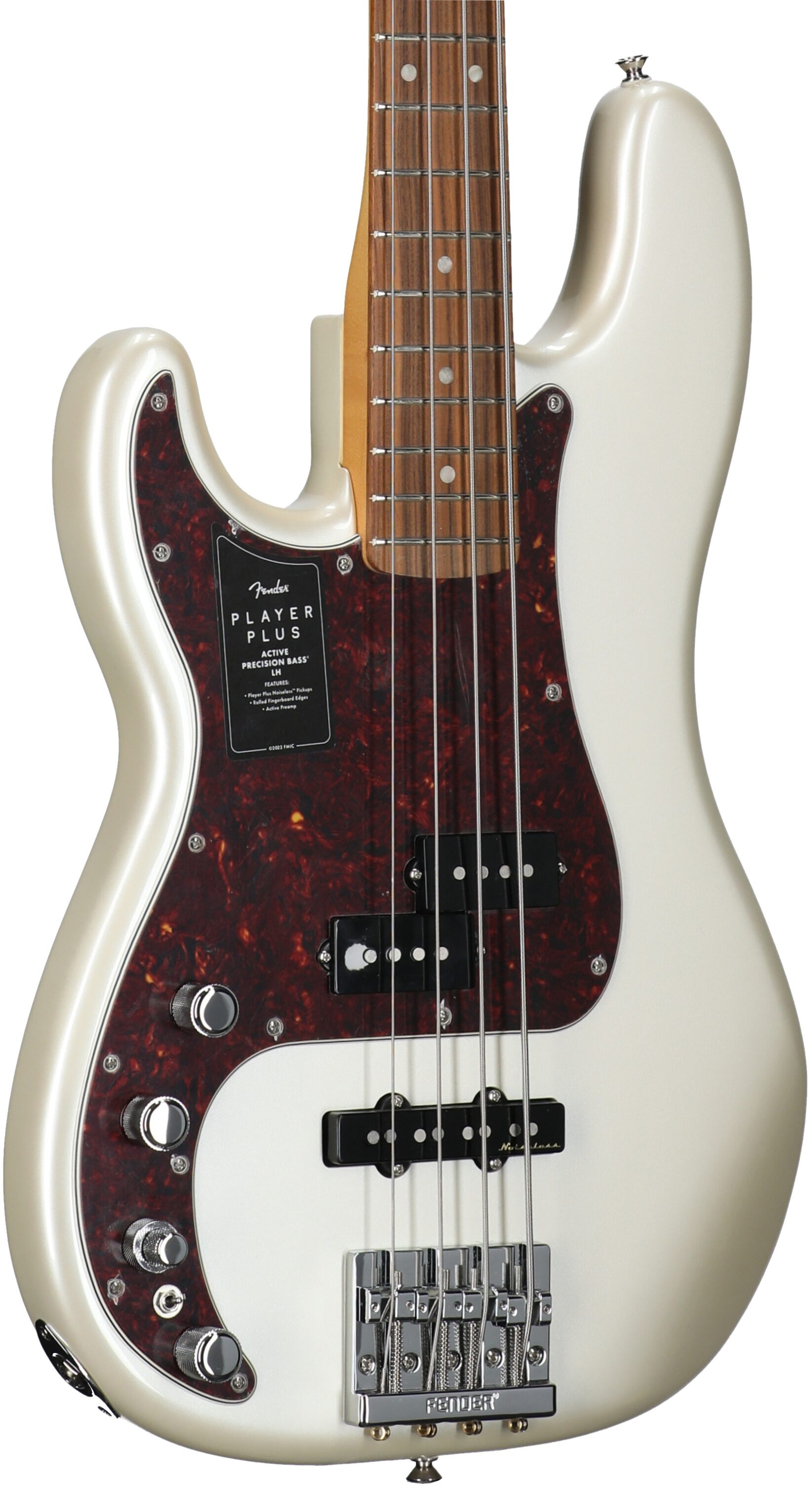 Fender Player Plus Precision Electric Bass, Left-Handed (with Pau Ferro Fingerboard and Gig Bag), Olympic White, Full Left Front