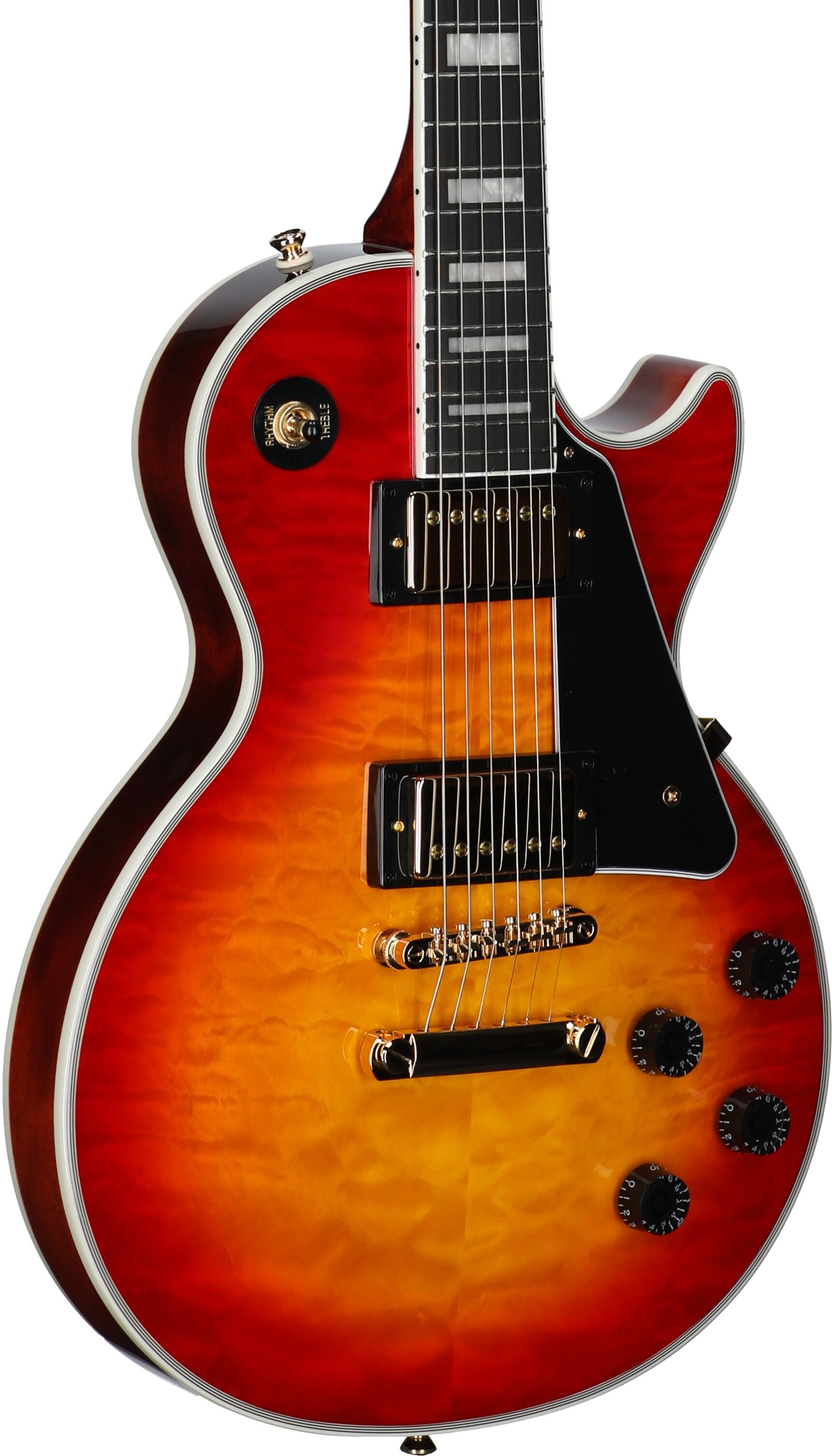 Epiphone Exclusive Les Paul Custom AAA Quilt Top Electric Guitar (with Gig Bag), Heritage Cherry Sunburst, Full Left Front