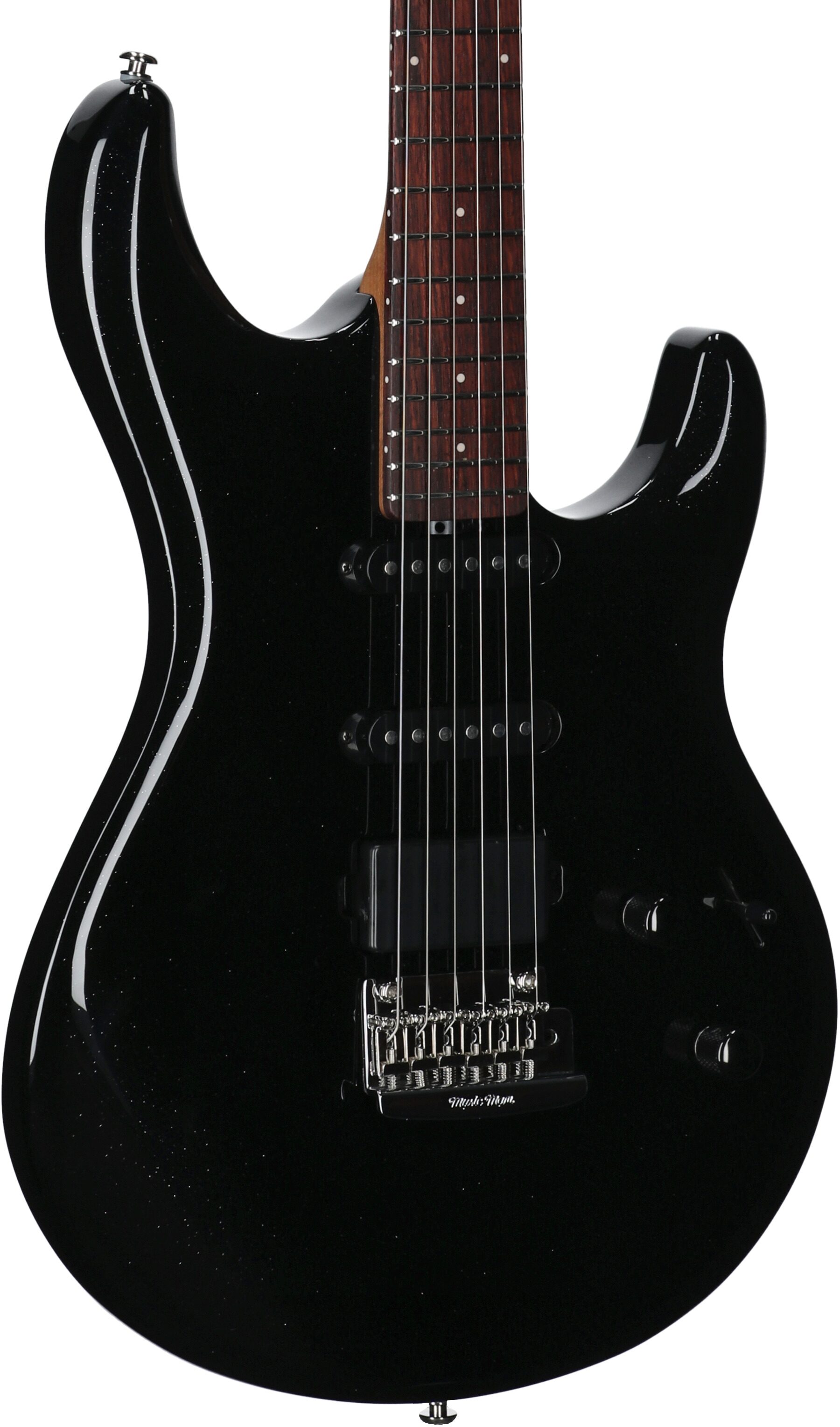Ernie Ball Music Man Luke 4 HSS Electric Guitar, Black Sparkle, Full Left Front