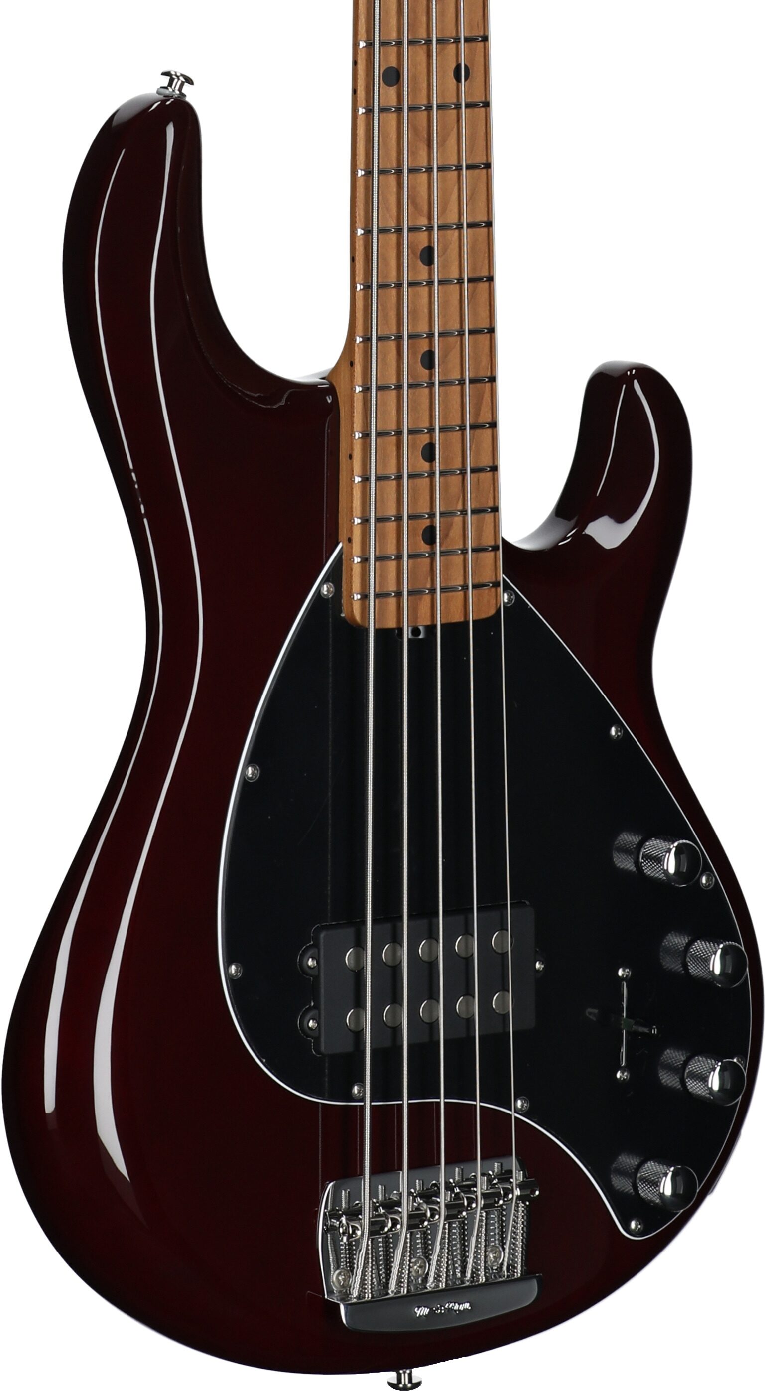 Ernie Ball Music Man StingRay 5 Special Electric Bass, 5-String (with Case), Translucent Oxblood, Maple Fretboard, Full Left Front