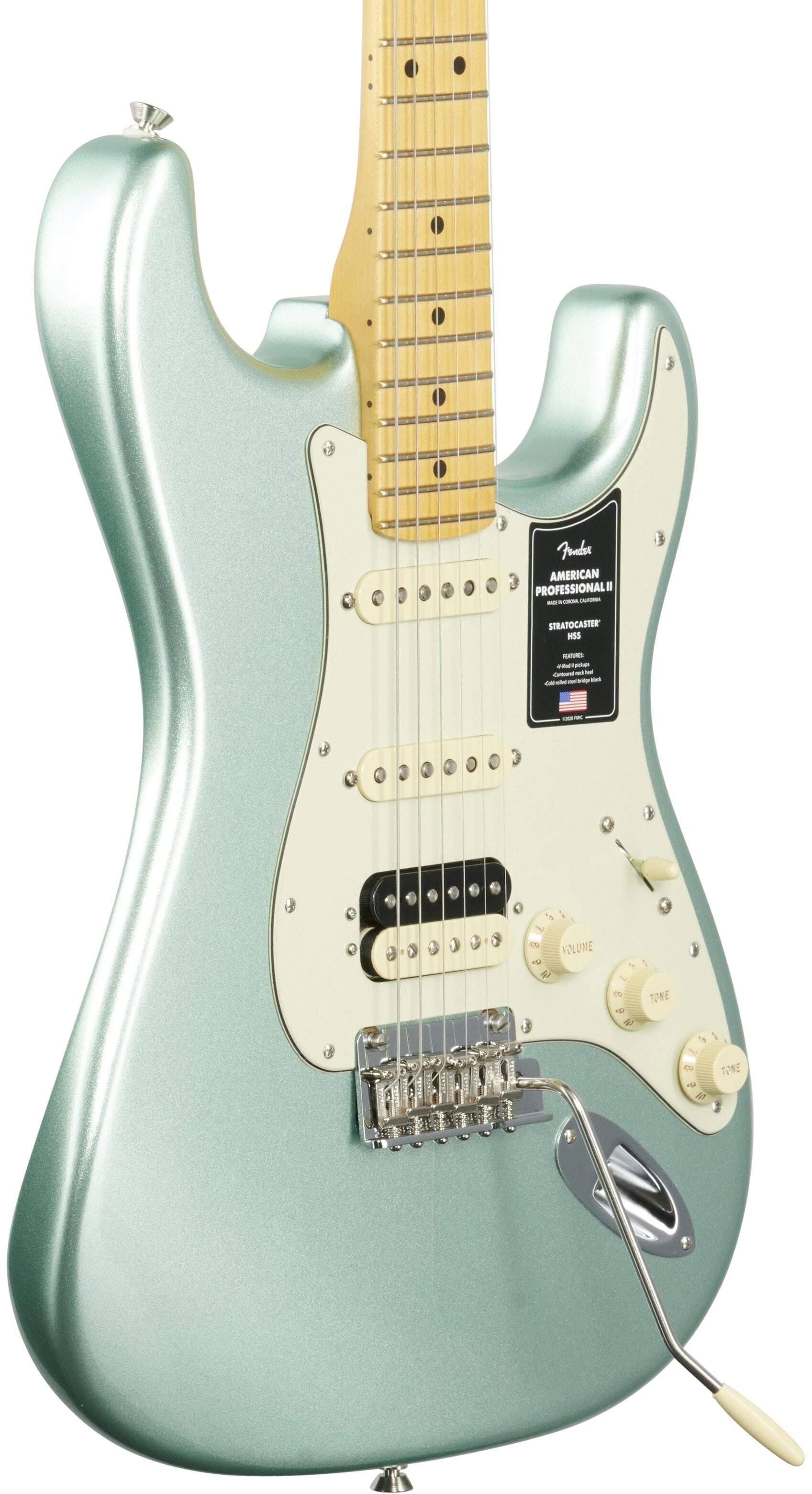 Fender American Pro II HSS Stratocaster Electric Guitar, Maple Fingerboard (with Case), Mystic Surf Green, Full Left Front