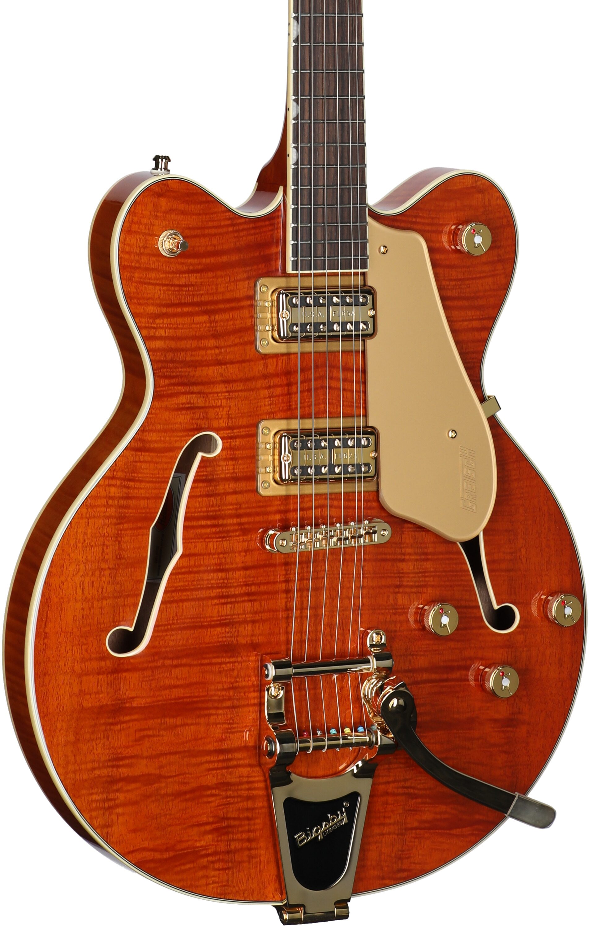 Gretsch Limited Edition Electromatic Broadkaster Electric Guitar (with Case), Flame Okoume Orange, Full Left Front