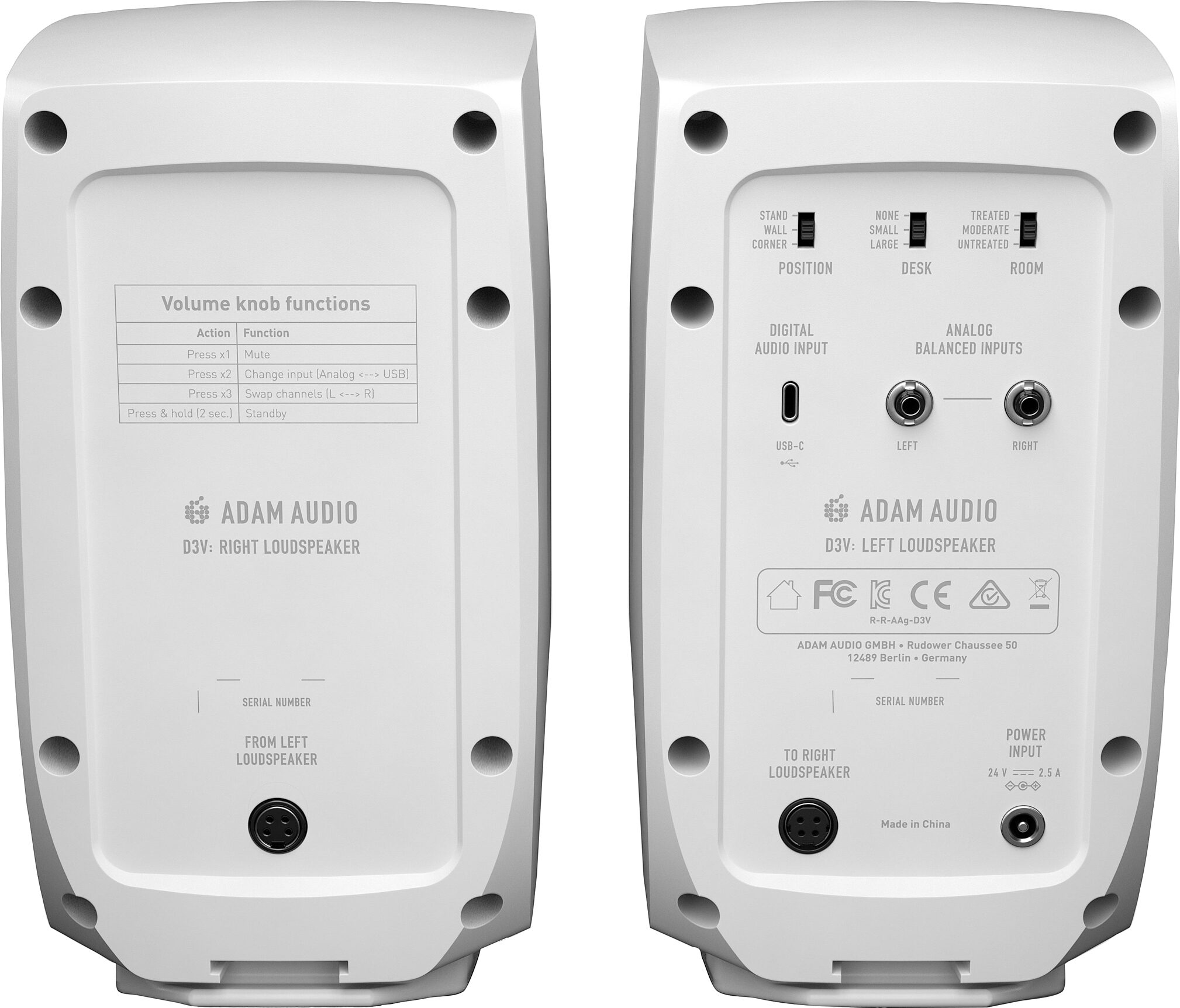 ADAM Audio D3V Active Desktop Studio Monitors, White, Pair, Action Position Back