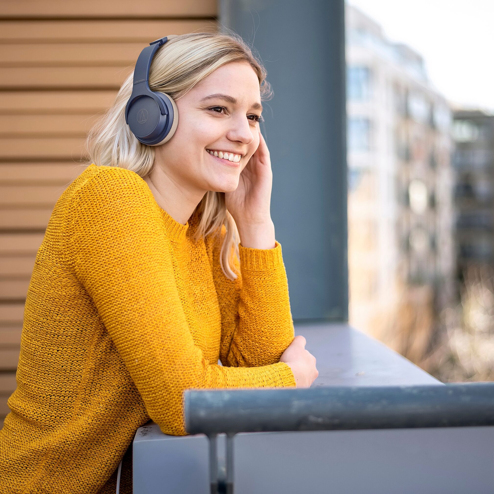 Audio-Technica ATH-S220BT Wireless On-Ear Headphones, Navy Beige, ATH-S220BTNBG, Action Position Front