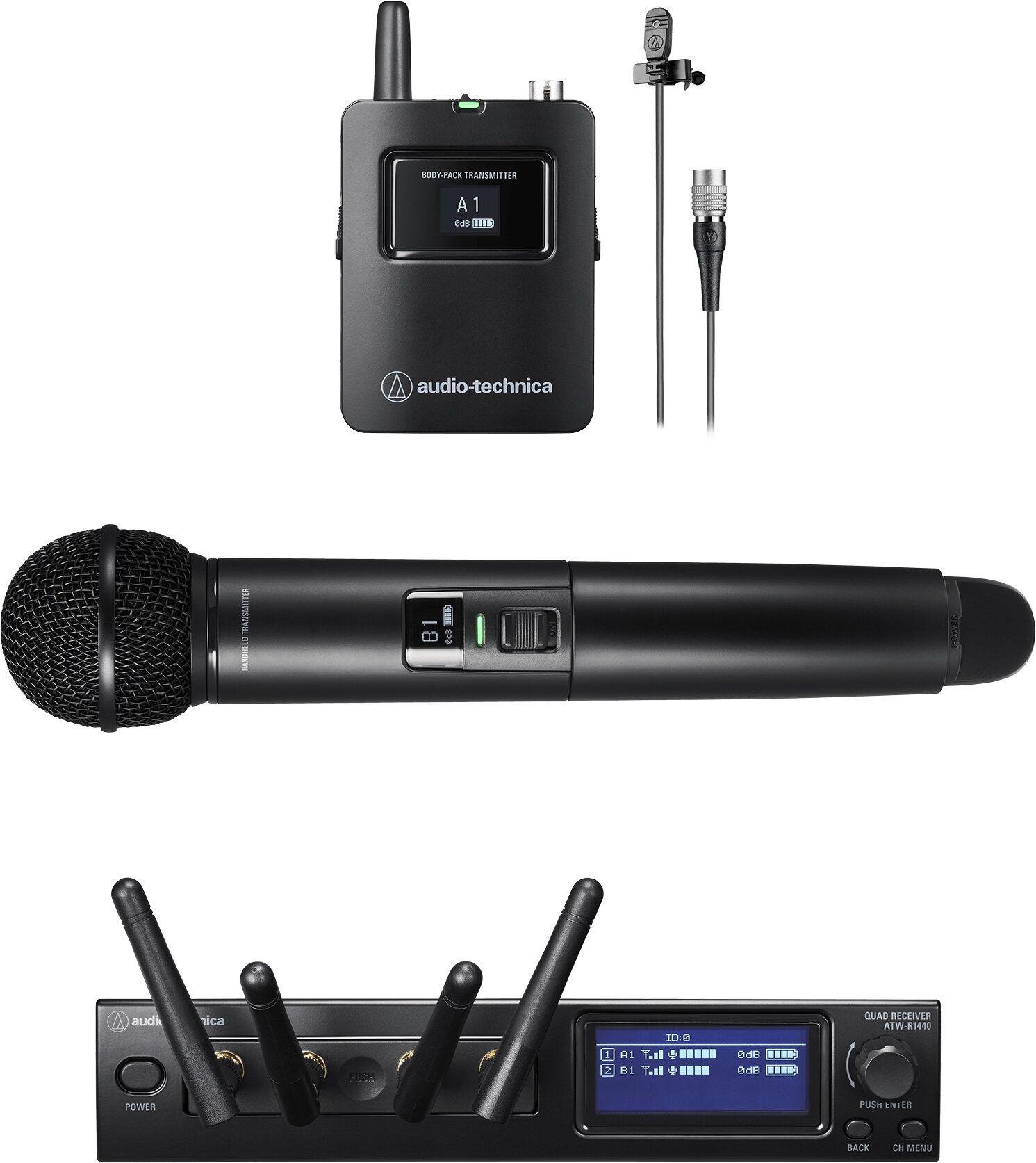 Audio-Technica ATW-1423/L System 20 PRO Dual Combination Wireless Lavalier and Handheld Microphone System, New, Action Position Back