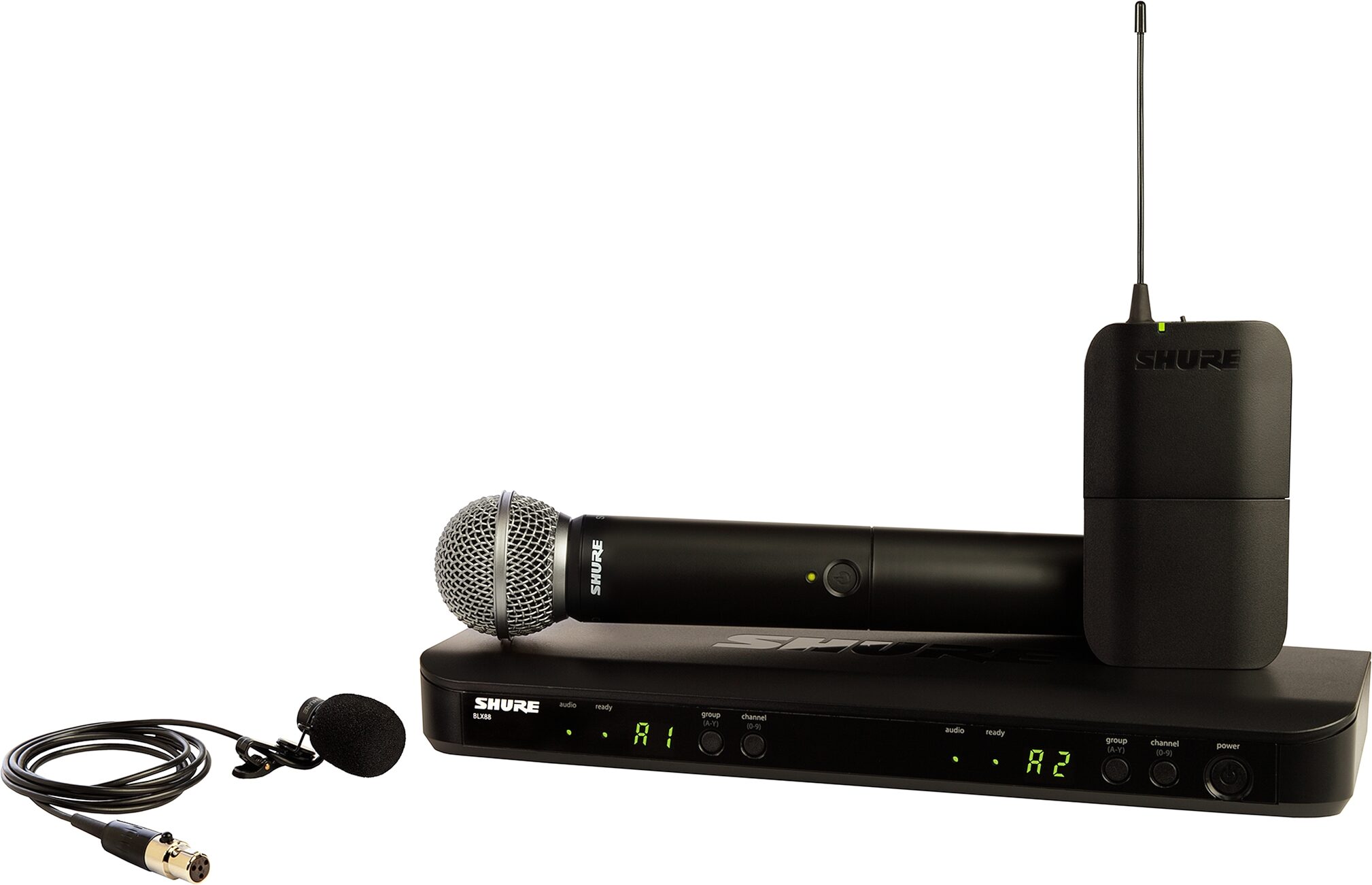 Shure BLX1288/W85 Dual-Channel Combo SM58 Handheld and WL185 Lavalier Wireless Microphone System, Action Position Back