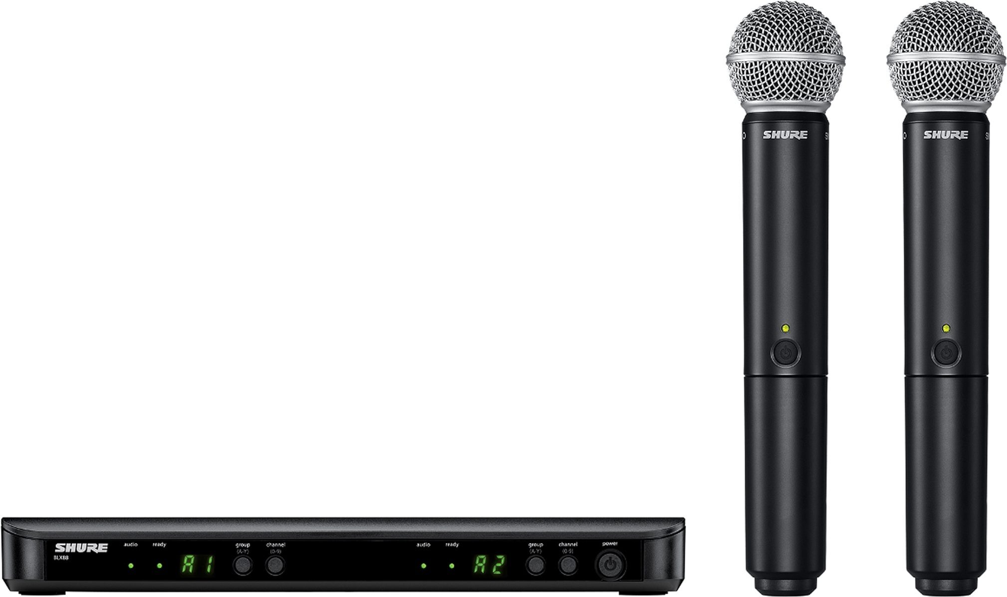 Shure BLX288/SM58 Dual Handheld Wireless SM58 Microphone System, Silver, Band J11 (596-616 MHz), Open Box (Like New), BLX288 SM58 Group Composite