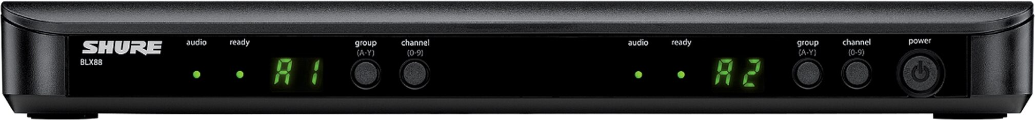 Shure BLX288/SM58 Dual Handheld Wireless SM58 Microphone System, Silver, Band J11 (596-616 MHz), Open Box (Like New), Receiver Front