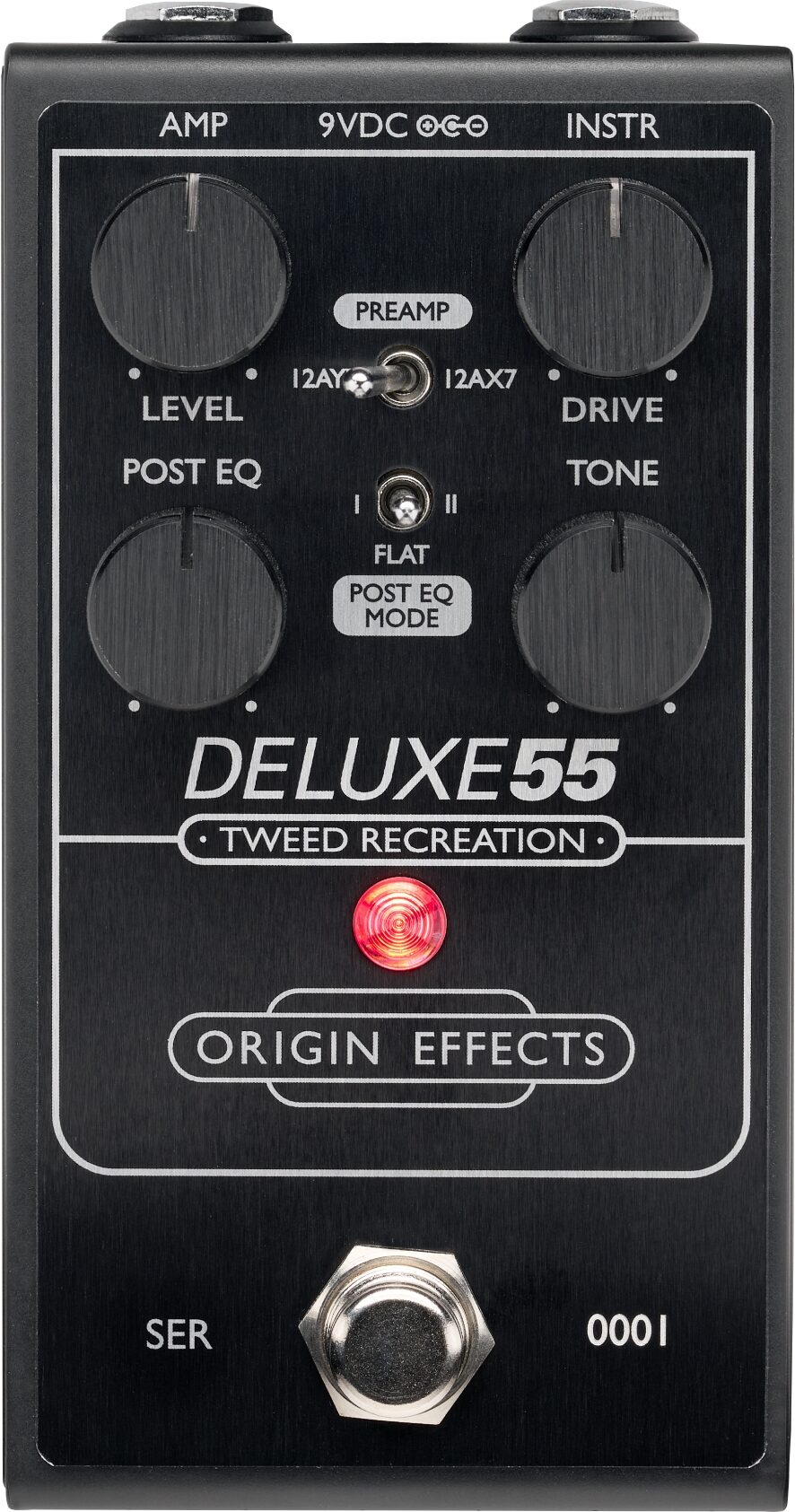 Origin Effects Deluxe55 Tweed Recreation Overdrive Pedal, Black Edition, Action Position Back