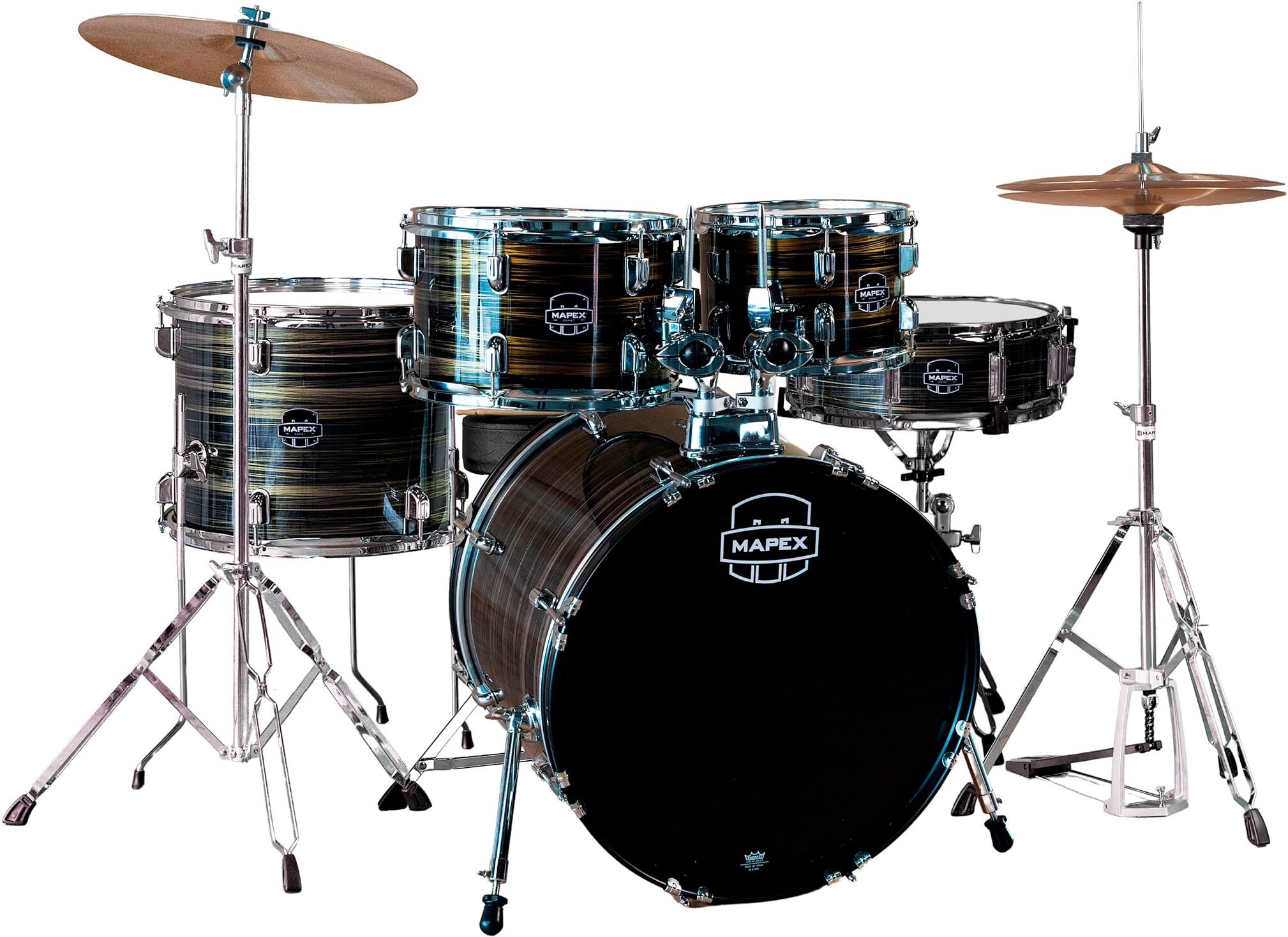 Mapex Comet Complete Drum Set, 5-Piece, Ebony and Yellow Grain, Action Position Back