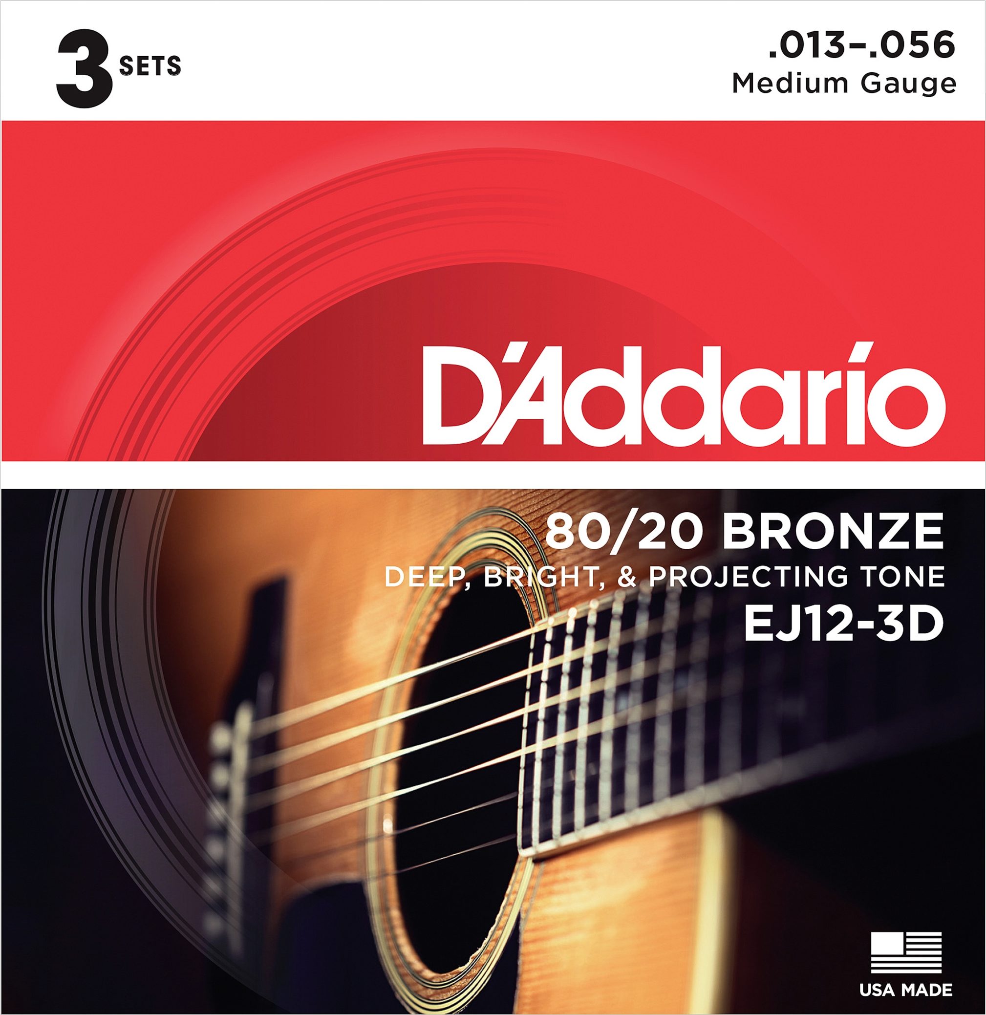 D'Addario 80/20 Bronze Acoustic Guitar Strings, 13-56, EJ12, Medium, 3-Pack, Action Position Back