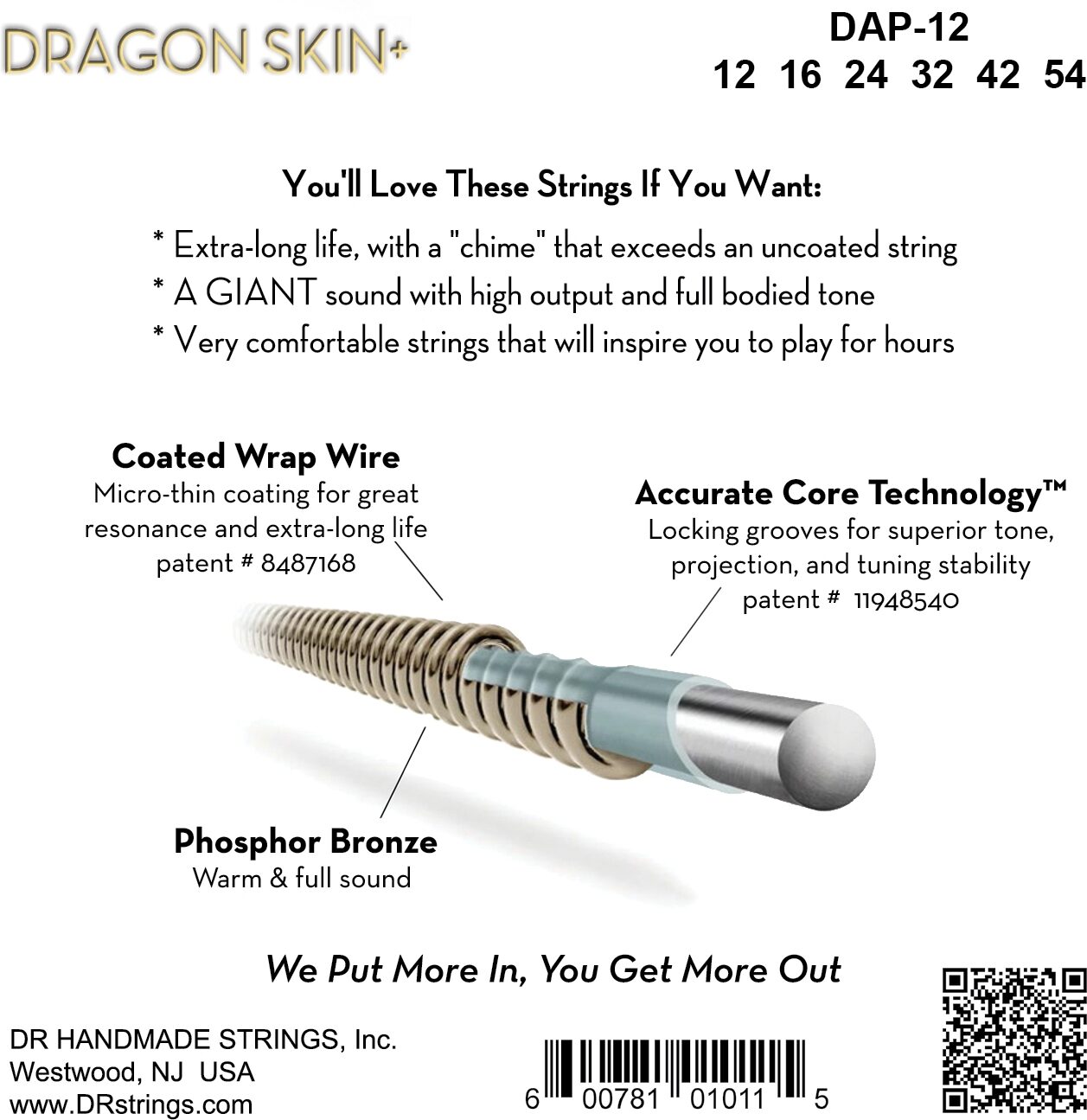 DR Strings Dragon Skin Plus Coated Phosphor Bronze Acoustic String Set, Light, 12-54, DAP-12, Boxshot Back