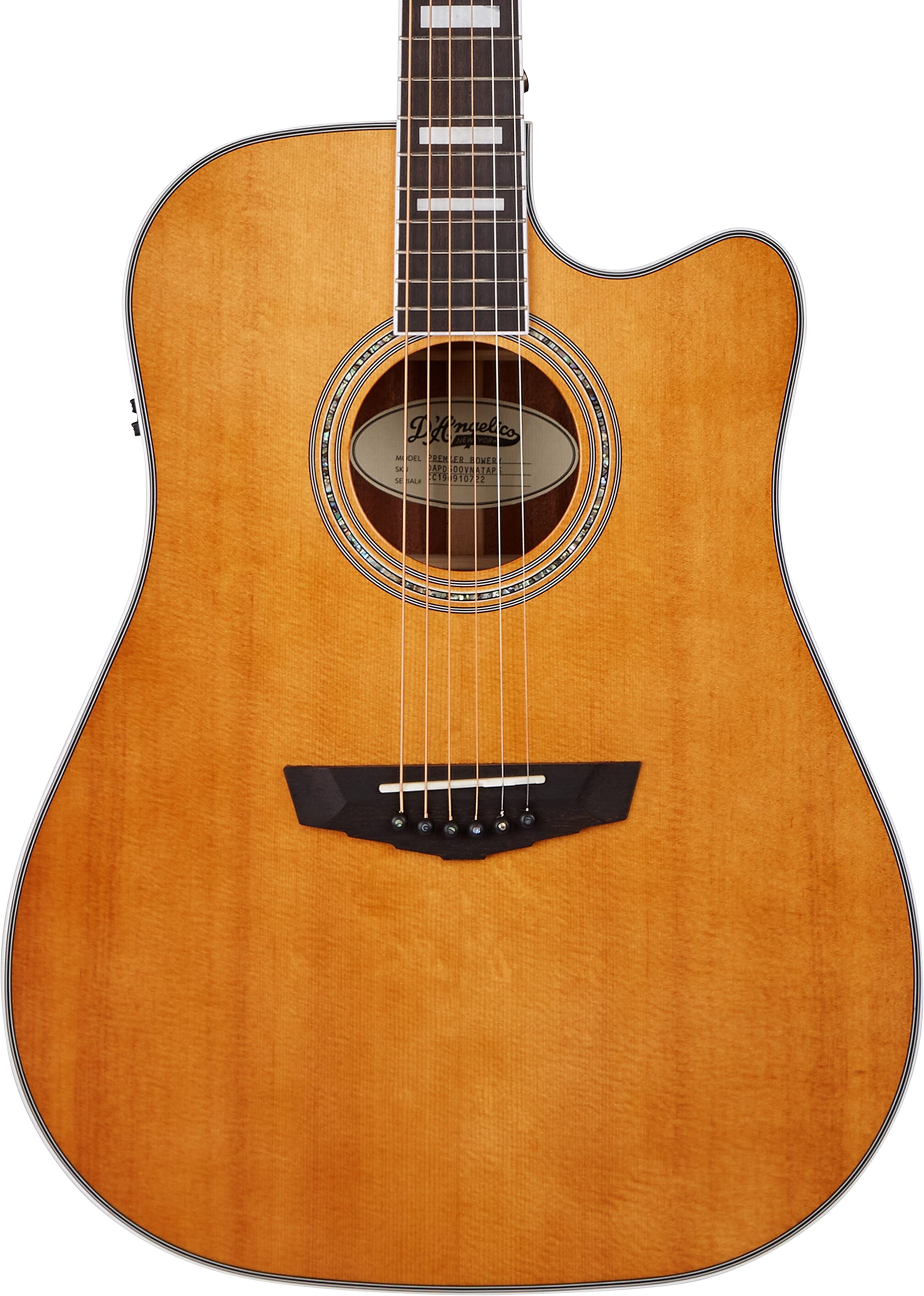 D'Angelico Premier Bowery Acoustic-Electric Guitar, Vintage Natural, Action Position Back