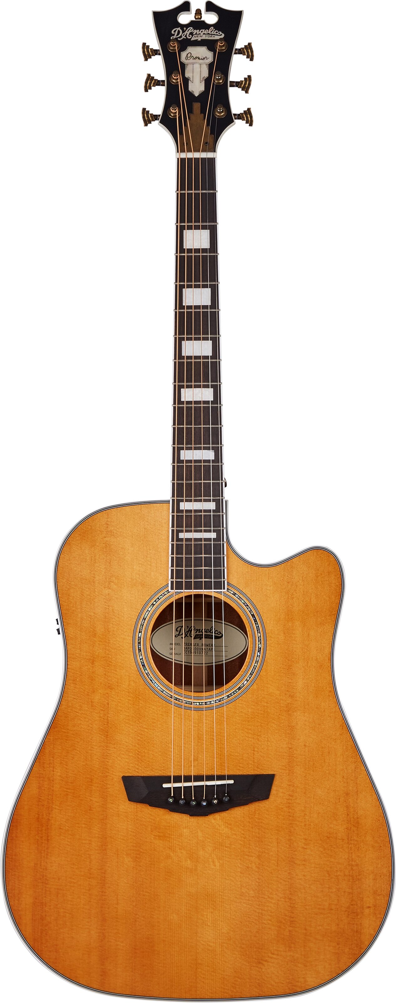 D'Angelico Premier Bowery Acoustic-Electric Guitar, Vintage Natural, Action Position Back