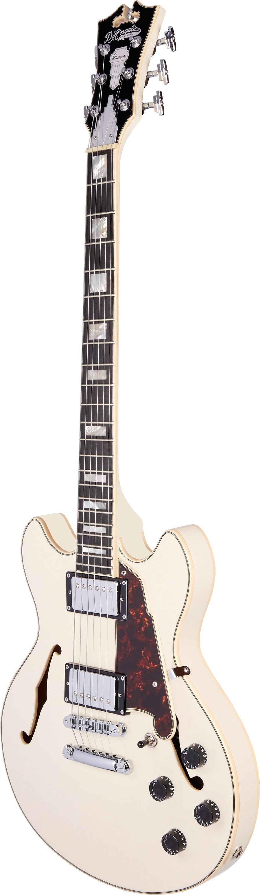 D'Angelico Premier Mini DC Stopbar Electric Guitar (with Gig Bag), Angled with head Front
