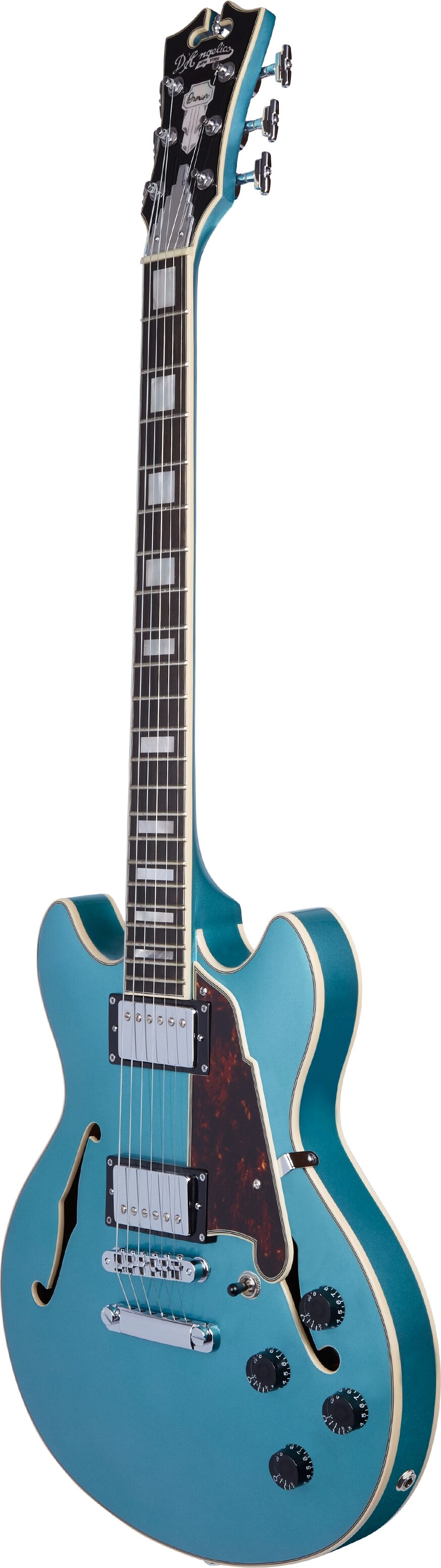 D'Angelico Premier Mini DC Stopbar Electric Guitar (with Gig Bag), Angled with head Front