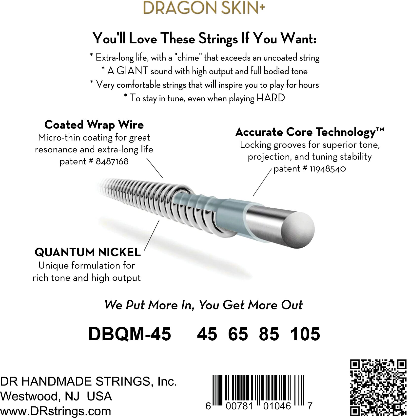 DR Strings Dragon Skin Plus Coated Quantum Nickel 4-String Bass Set, Medium Multi-Scale, 45-105, DBQM-45, Tapered, Boxshot Back