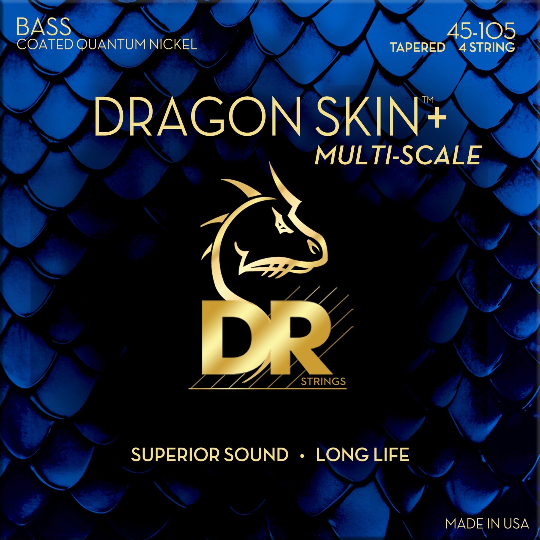 DR Strings Dragon Skin Plus Coated Quantum Nickel 4-String Bass Set, Medium Multi-Scale, 45-105, DBQM-45, Tapered, Action Position Back