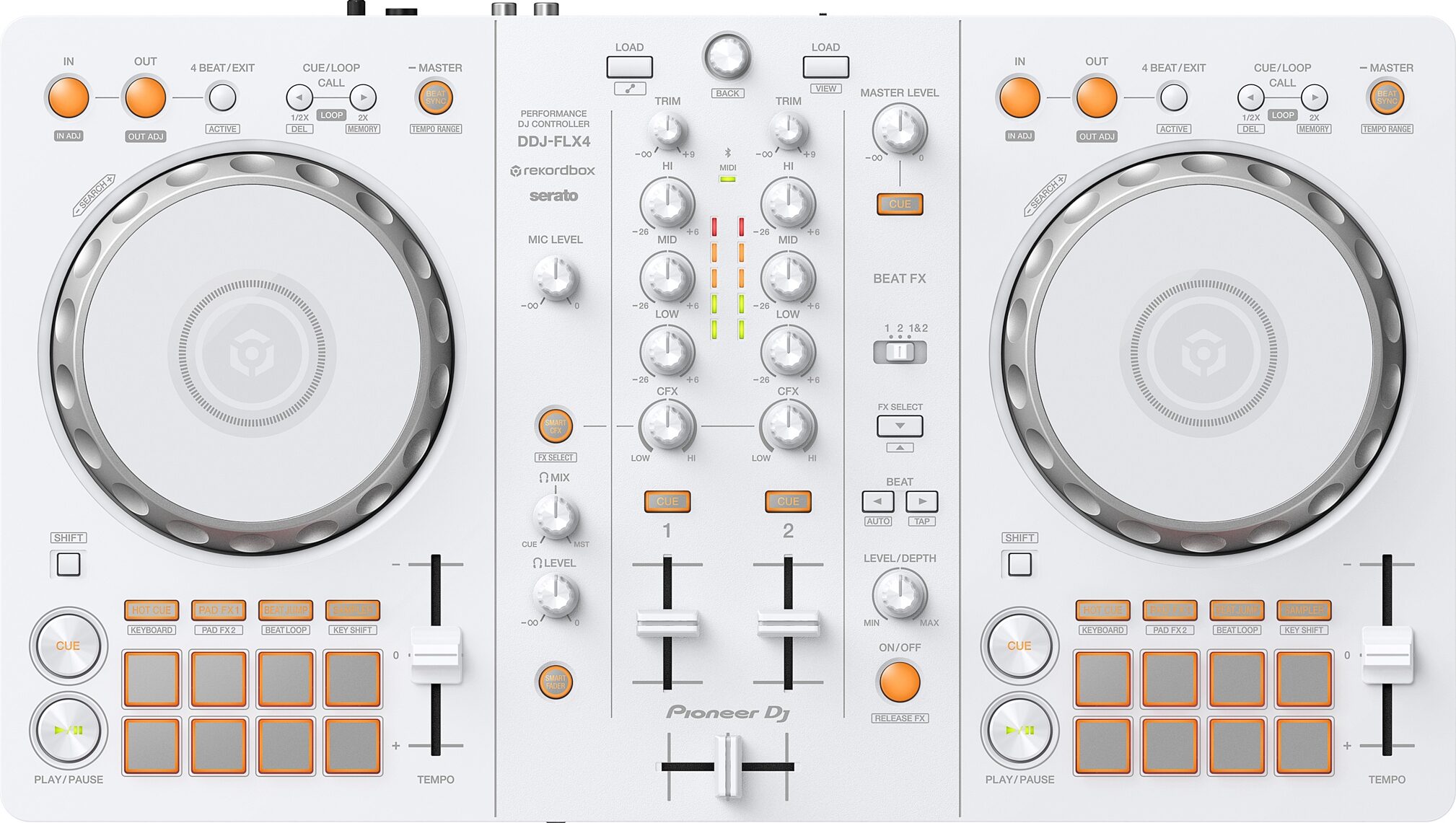 Pioneer DJ DDJ-FLX4 DJ Controller, White, Action Position Back
