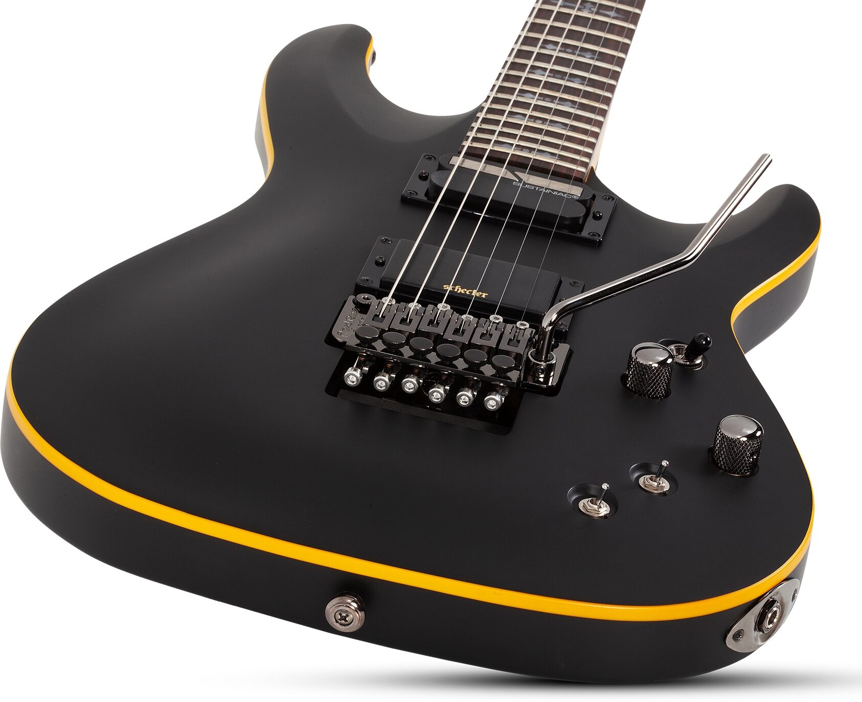 Schecter Demon-6 FR-S Electric Guitar, Aged Black Satin, Action Position Back