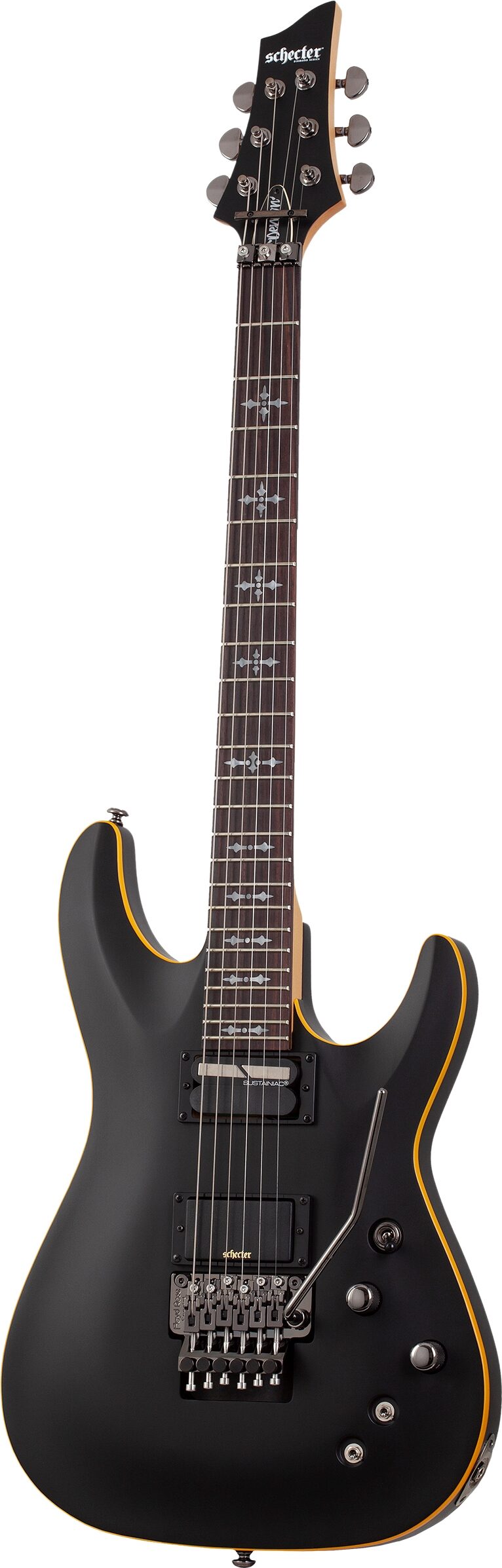 Schecter Demon-6 FR-S Electric Guitar, Aged Black Satin, Action Position Back