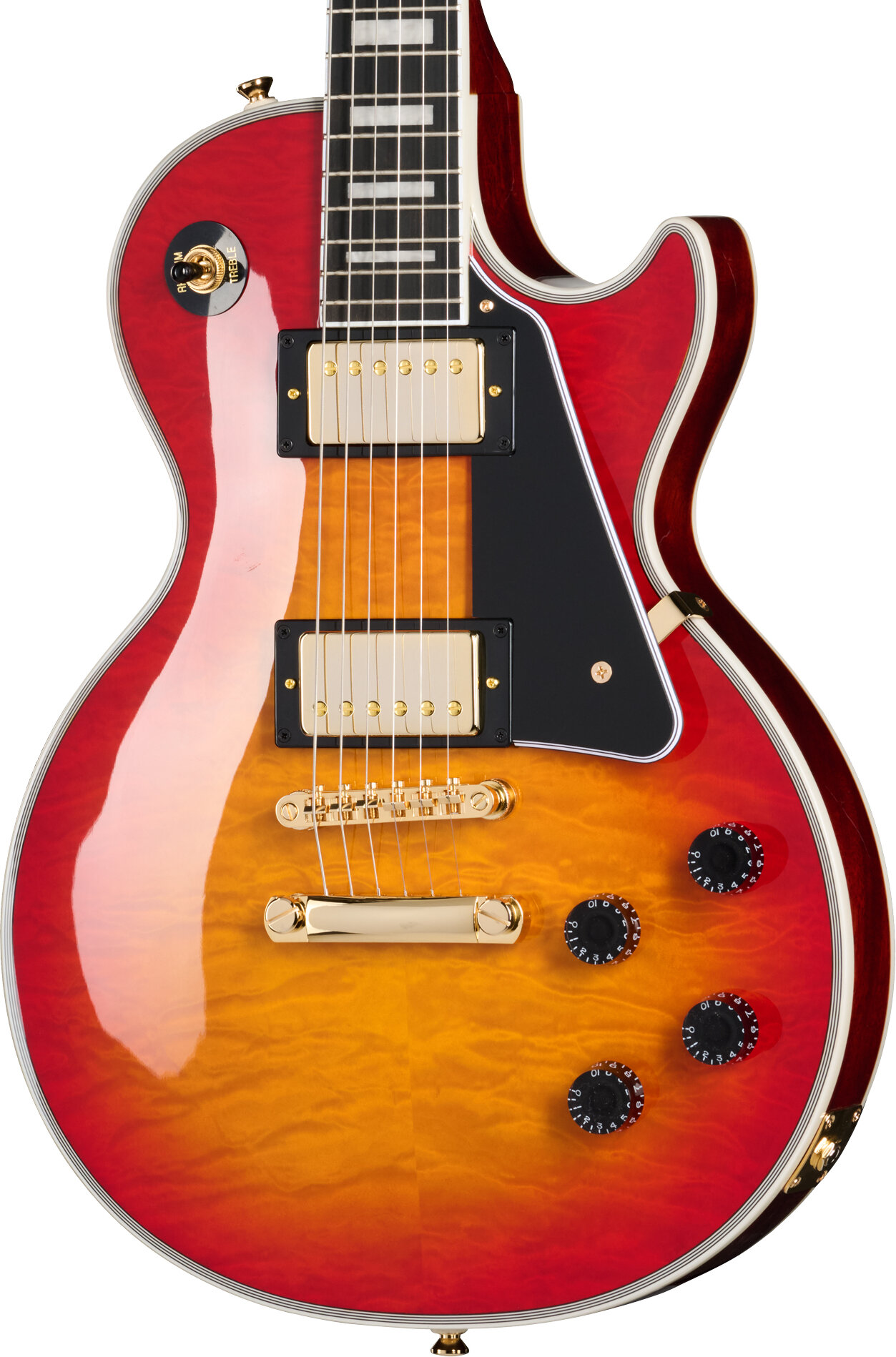 Epiphone Exclusive Les Paul Custom AAA Quilt Top Electric Guitar (with Gig Bag), Heritage Cherry Sunburst, Action Position Back
