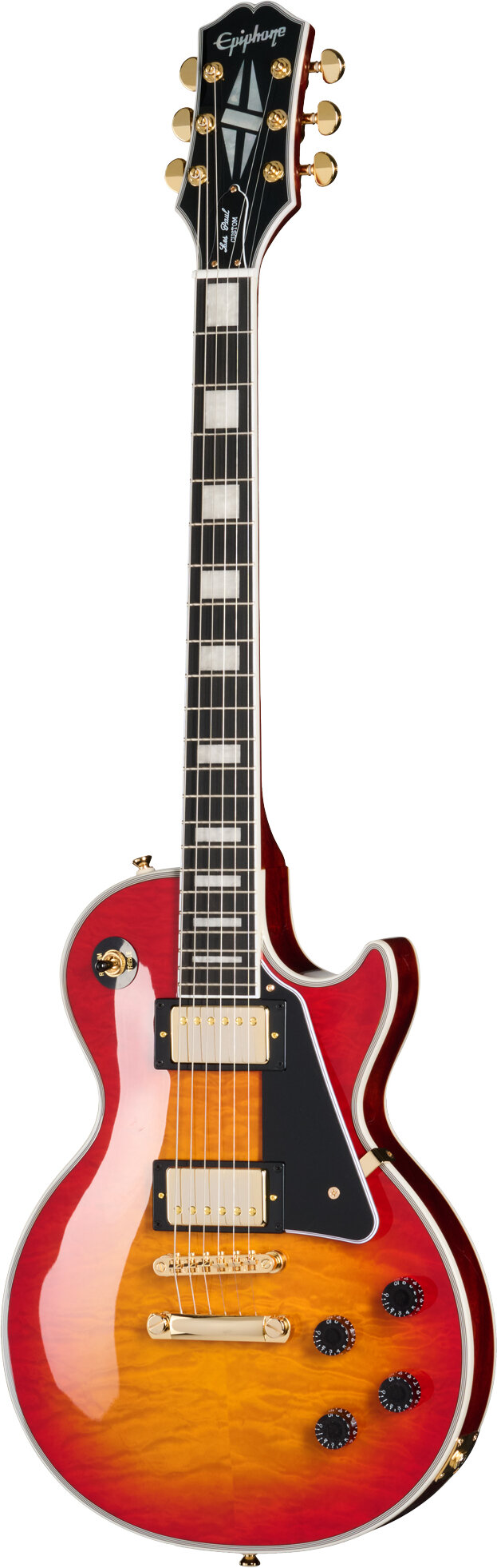 Epiphone Exclusive Les Paul Custom AAA Quilt Top Electric Guitar (with Gig Bag), Heritage Cherry Sunburst, Action Position Back