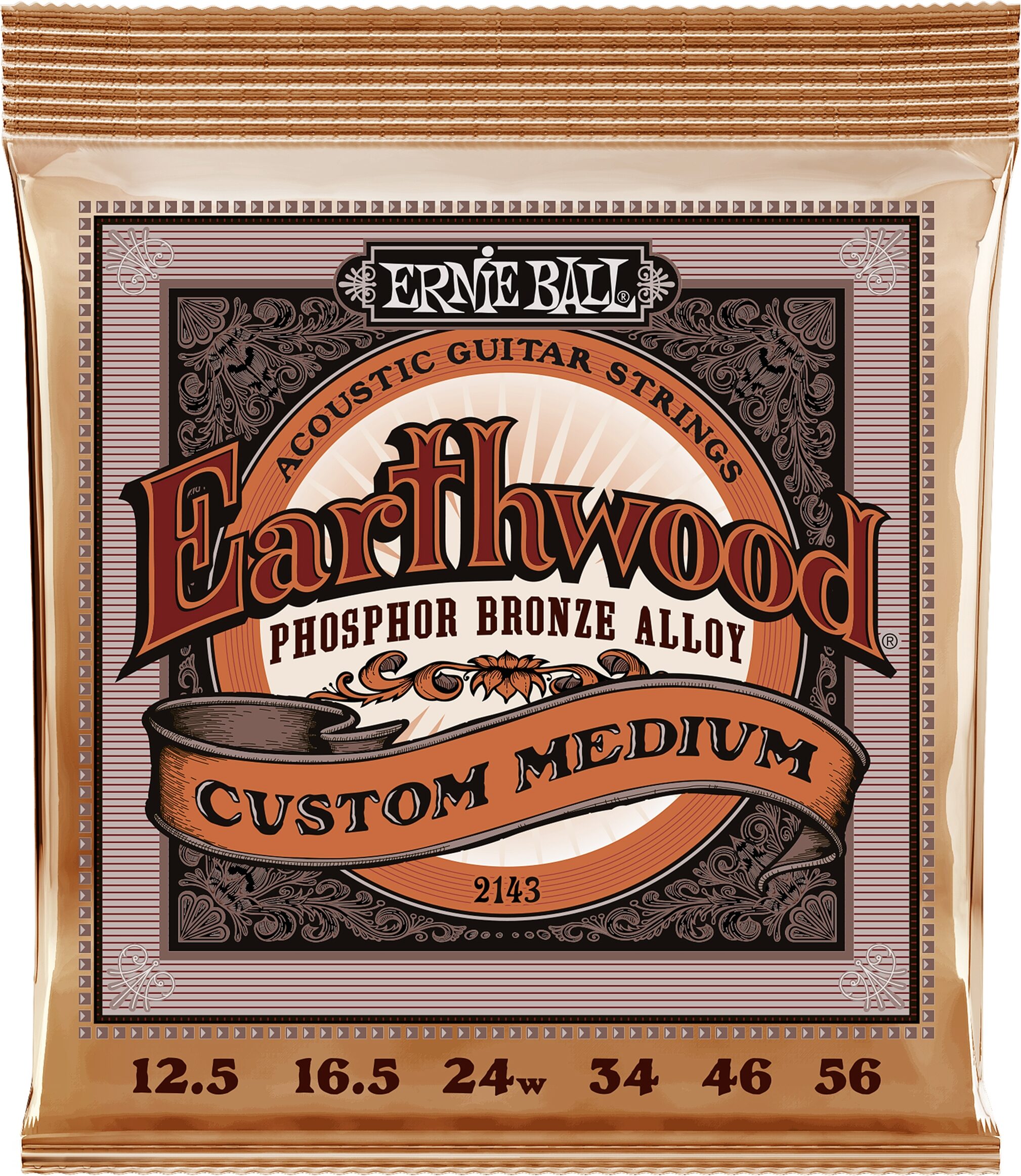 Ernie Ball Earthwood Phosphor Bronze Acoustic Guitar Strings, 12.5-56, 2143, Custom Medium, Action Position Back
