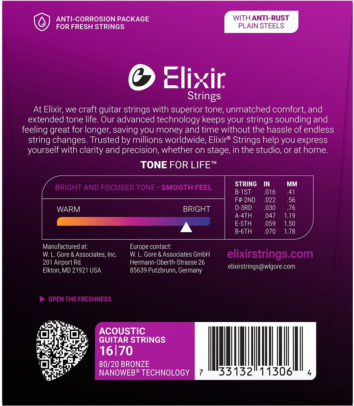 Elixir 80/20 Bronze Acoustic Baritone Strings With Nanoweb Coating, 16-70, View3