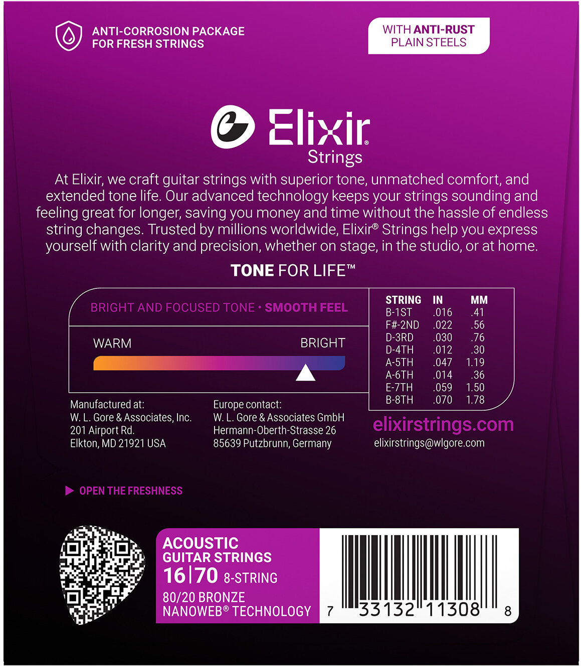 Elixir Nanoweb 80/20 Bronze 8-String Acoustic Baritone Strings, 16-70, View3