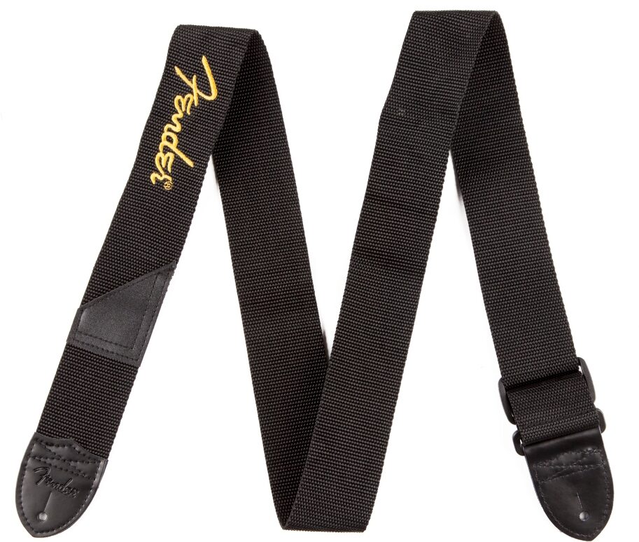 Fender Logo Guitar Strap, Black with Yellow Logo, Action Position Back